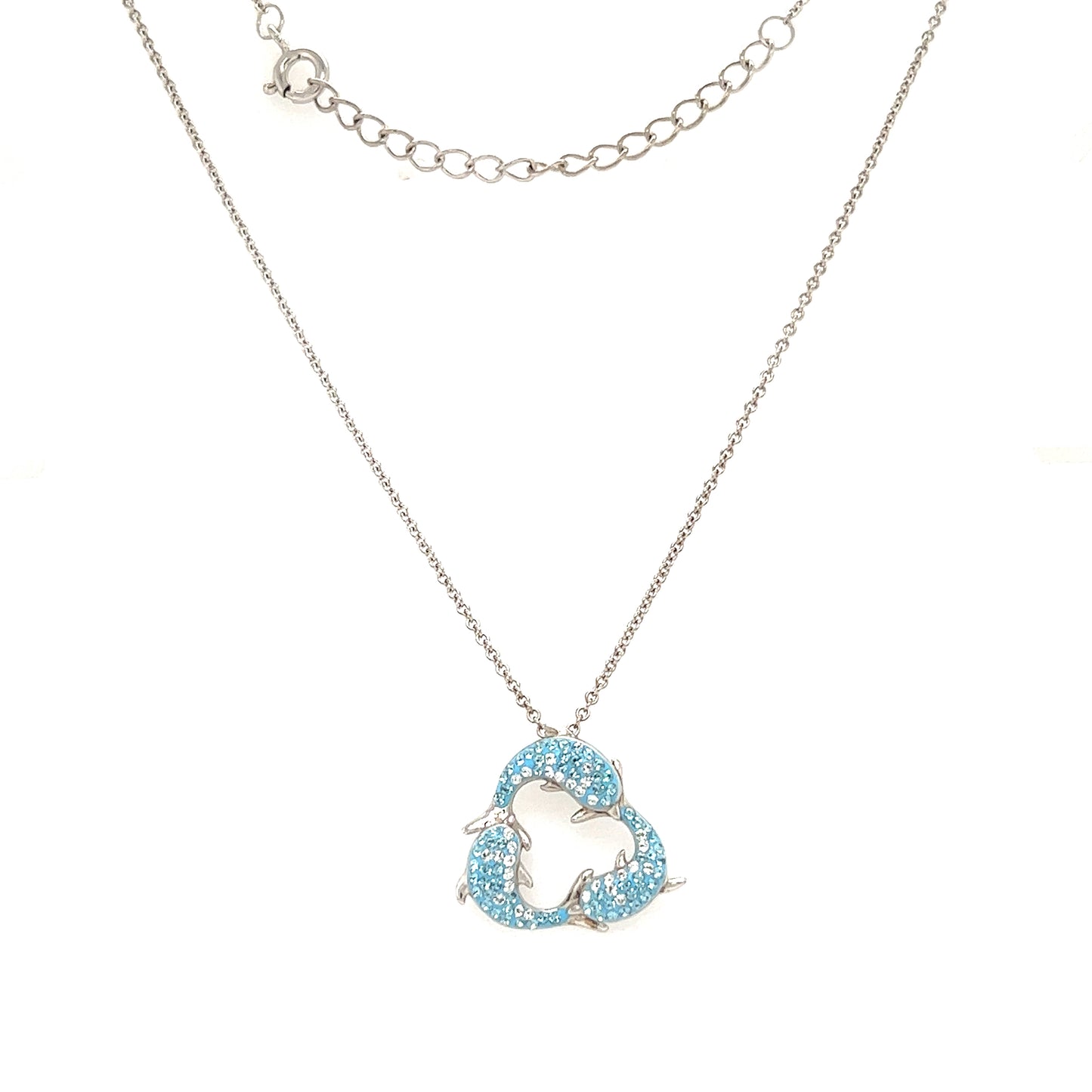 Turquoise Dolphin Trio Necklace with White Crystals in Sterling Silver. Full Necklace Front View