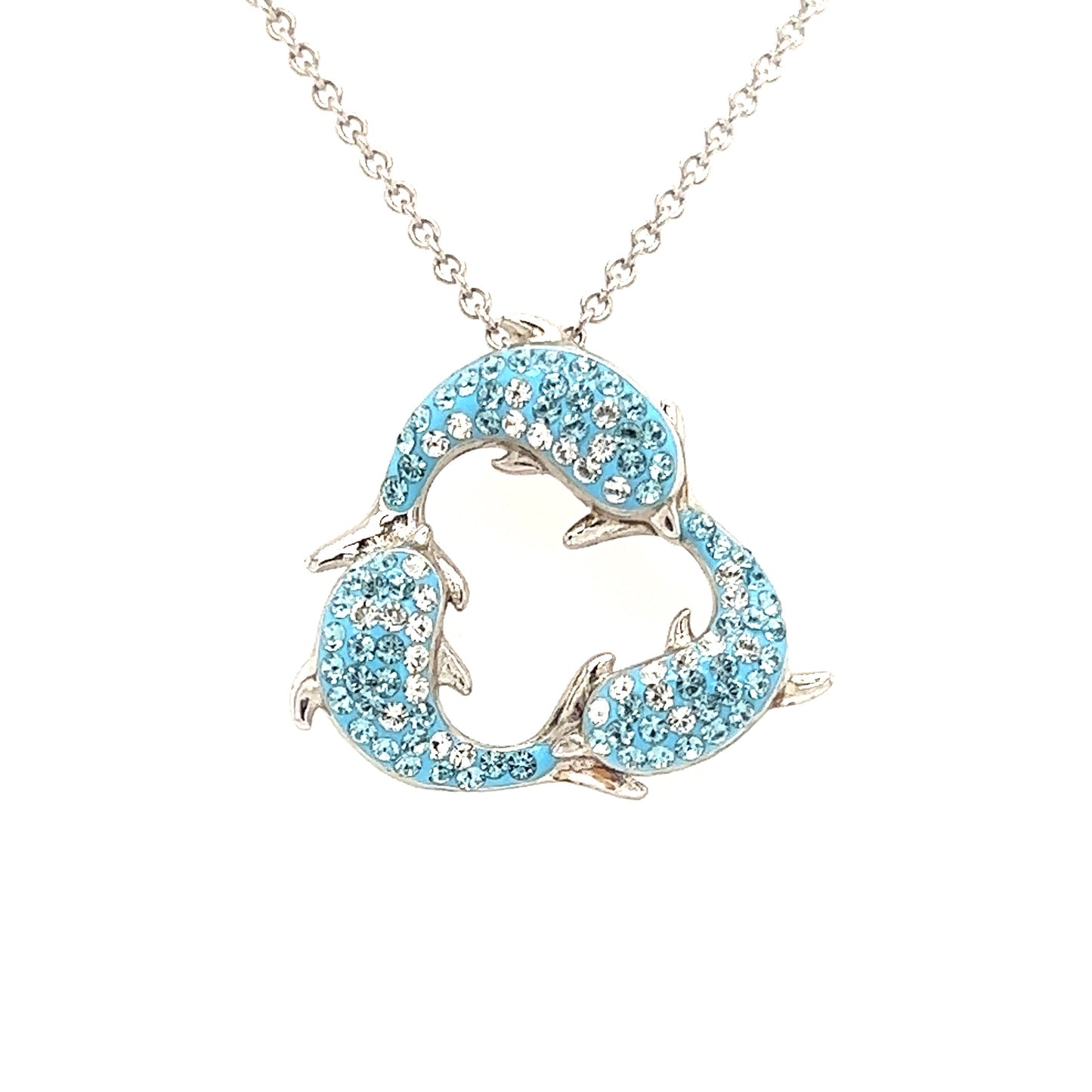 Turquoise Dolphin Trio Necklace with White Crystals in Sterling Silver. Pendant View