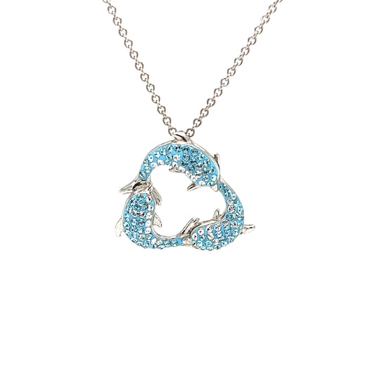 Turquoise Dolphin Trio Necklace with White Crystals in Sterling Silver. Front View