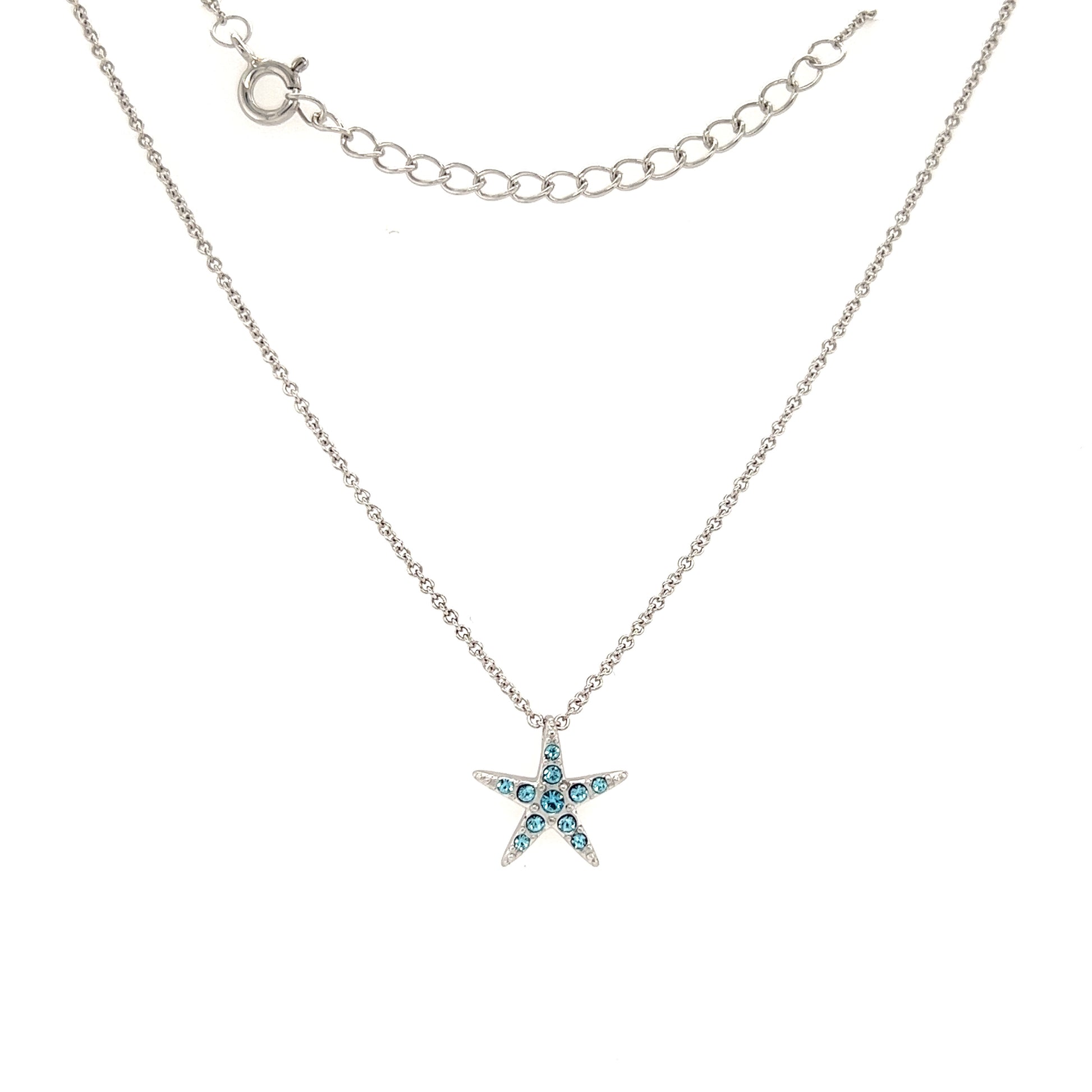Small Starfish Necklace with Aqua Crystals in Sterling Silver Full Necklace Front View