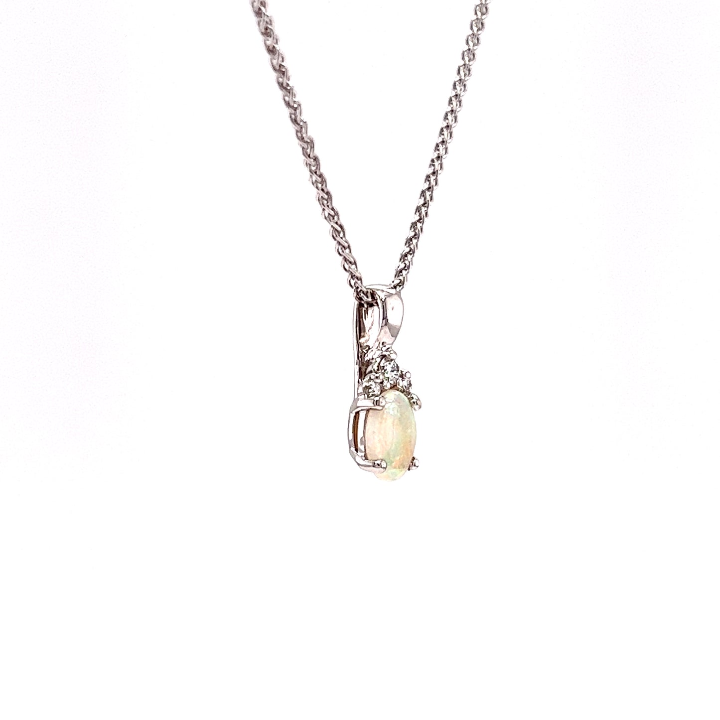 Australian White Opal with Three Diamonds in 14k White Gold Left Side View