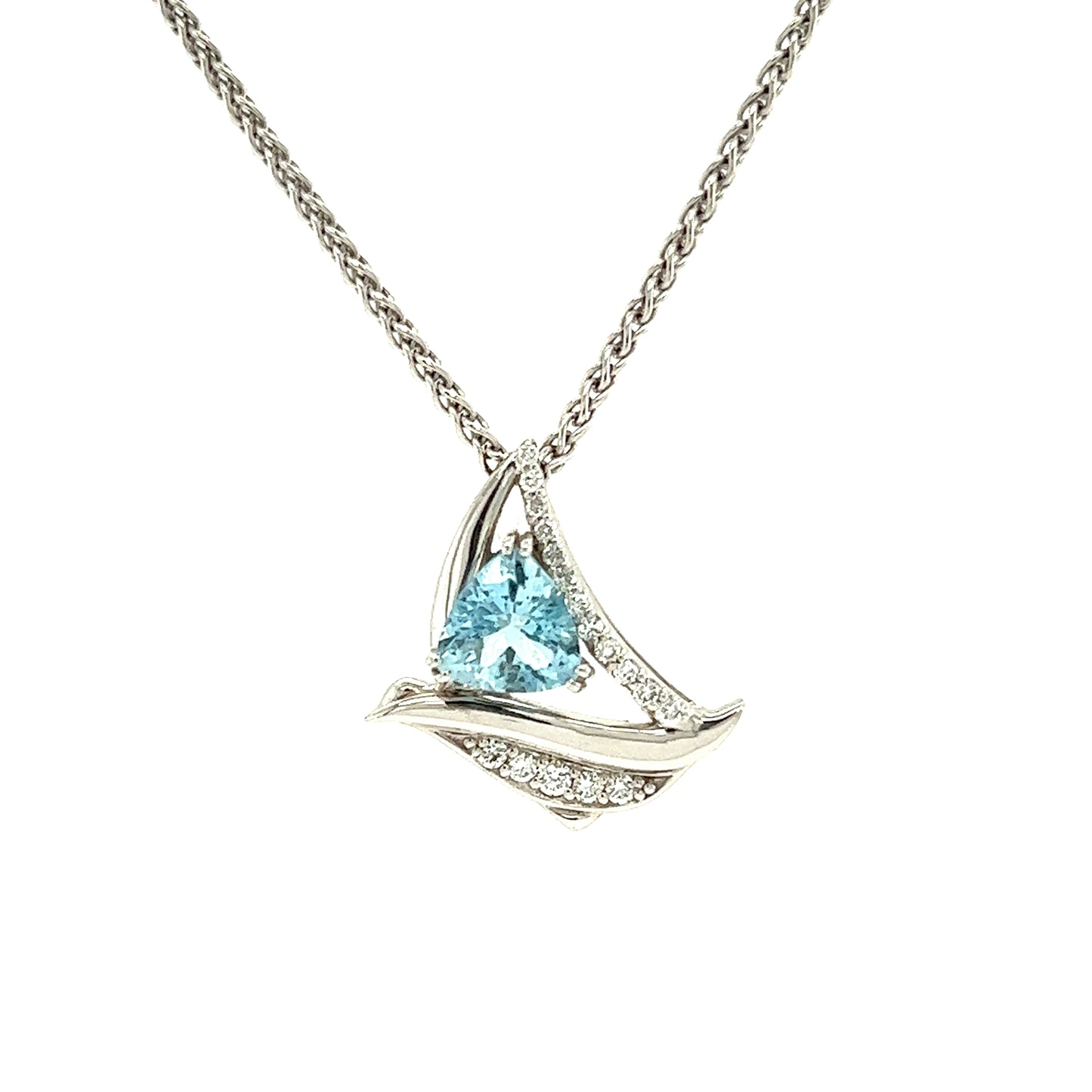 Trillion Aquamarine Sailboat Necklace with Seventeen Accent Diamonds in 14K White Gold Pendant Front View
