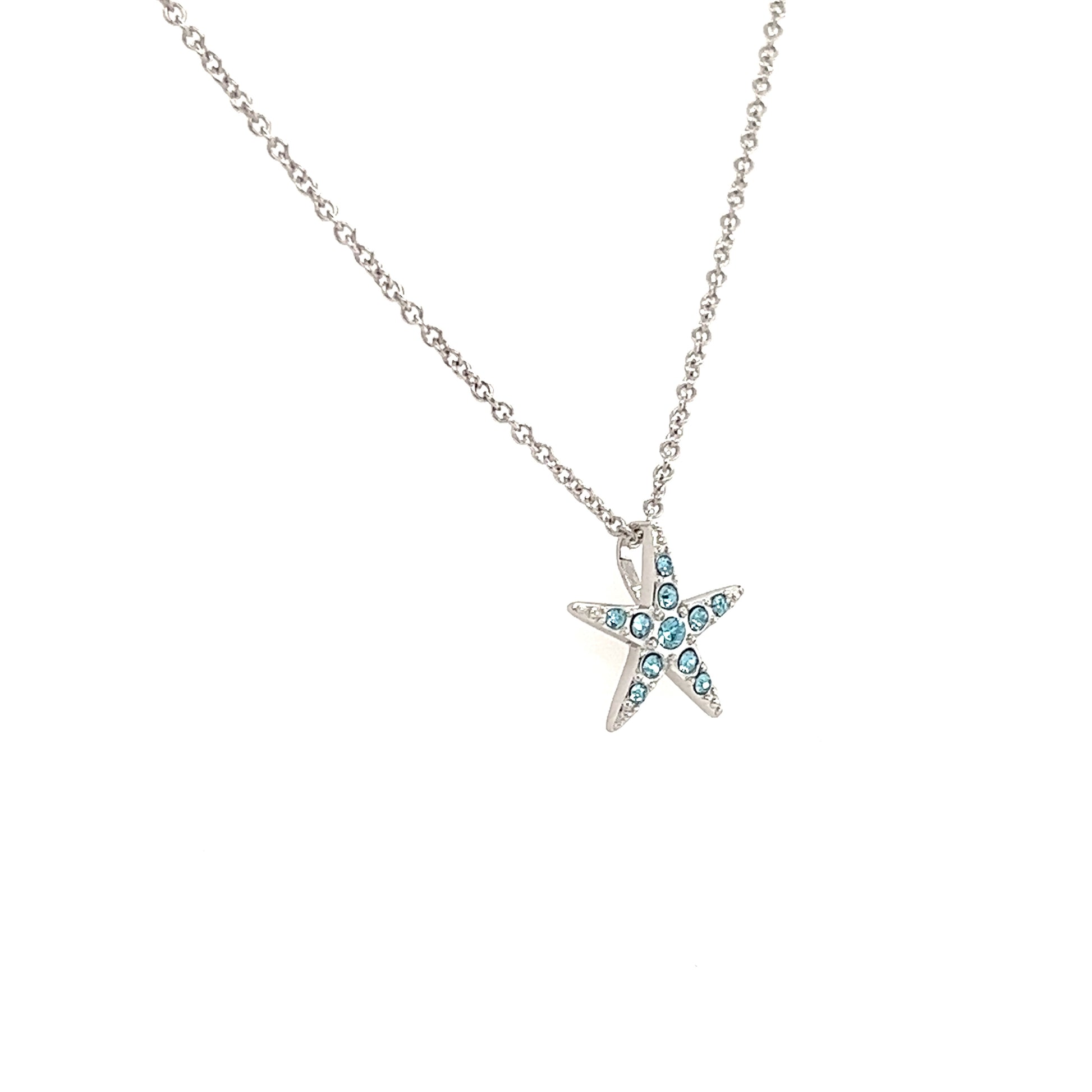 Small Starfish Necklace with Aqua Crystals in Sterling Silver Left Side View