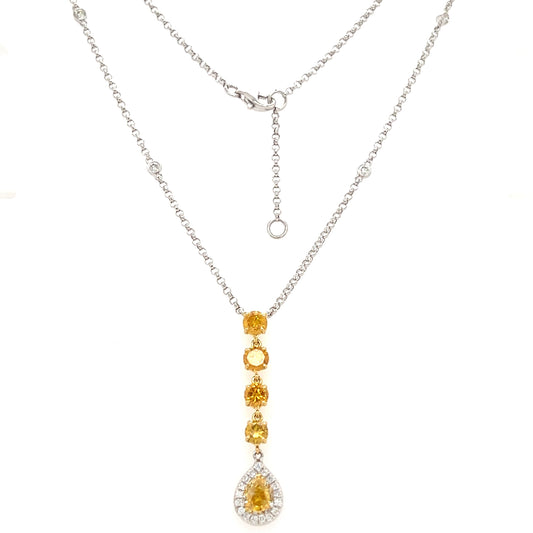 Yellow Diamond Necklace with Twenty One Diamonds in 18K White Gold Full Necklace View