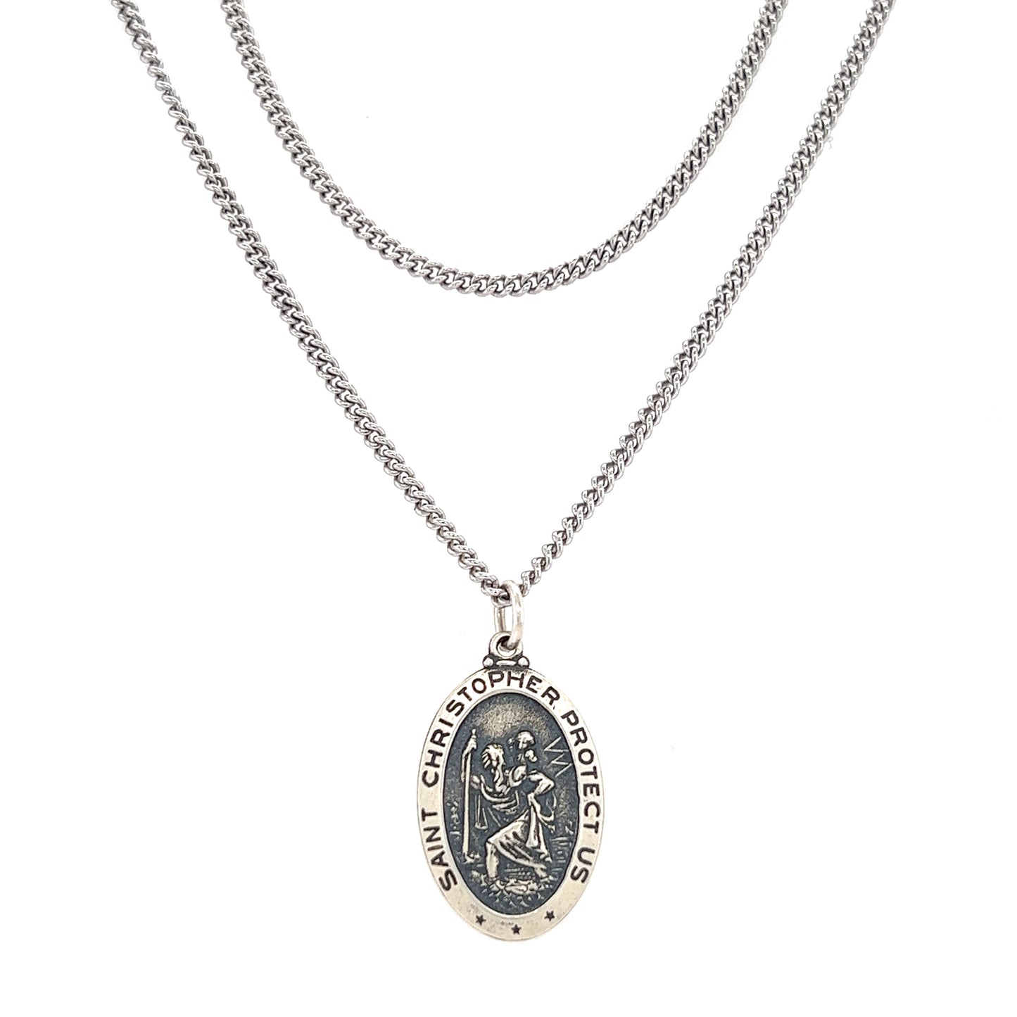 St. Christopher Necklace with Continuous Cable Chain in Sterling Silver Full Necklace View