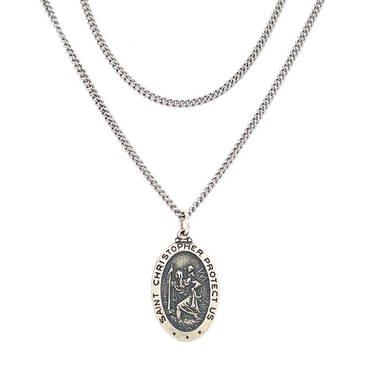 St. Christopher Necklace with Continuous Cable Chain in Sterling Silver Full Necklace View