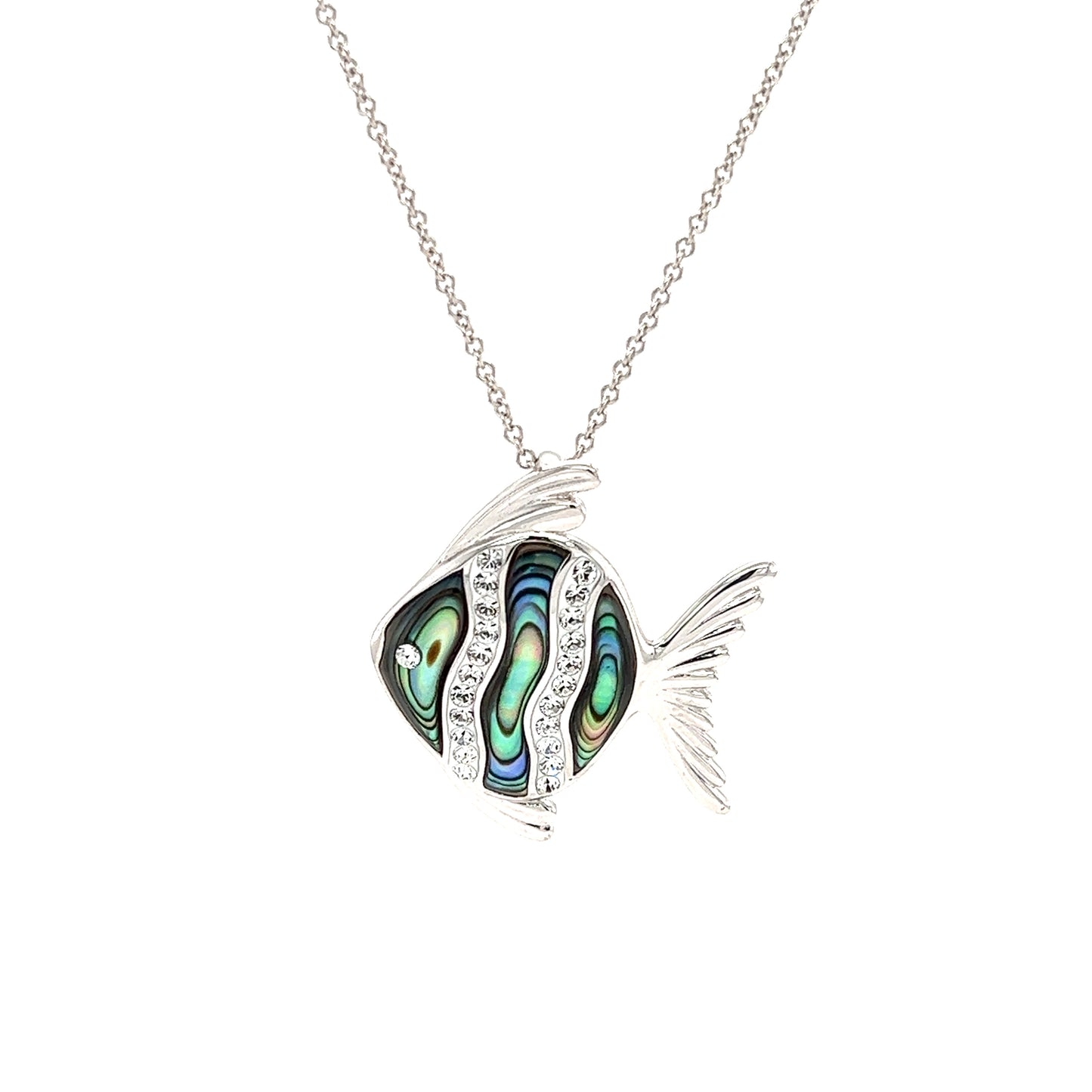 Abalone Shell Fish Necklace with White Crystals in Sterling SilverFront View