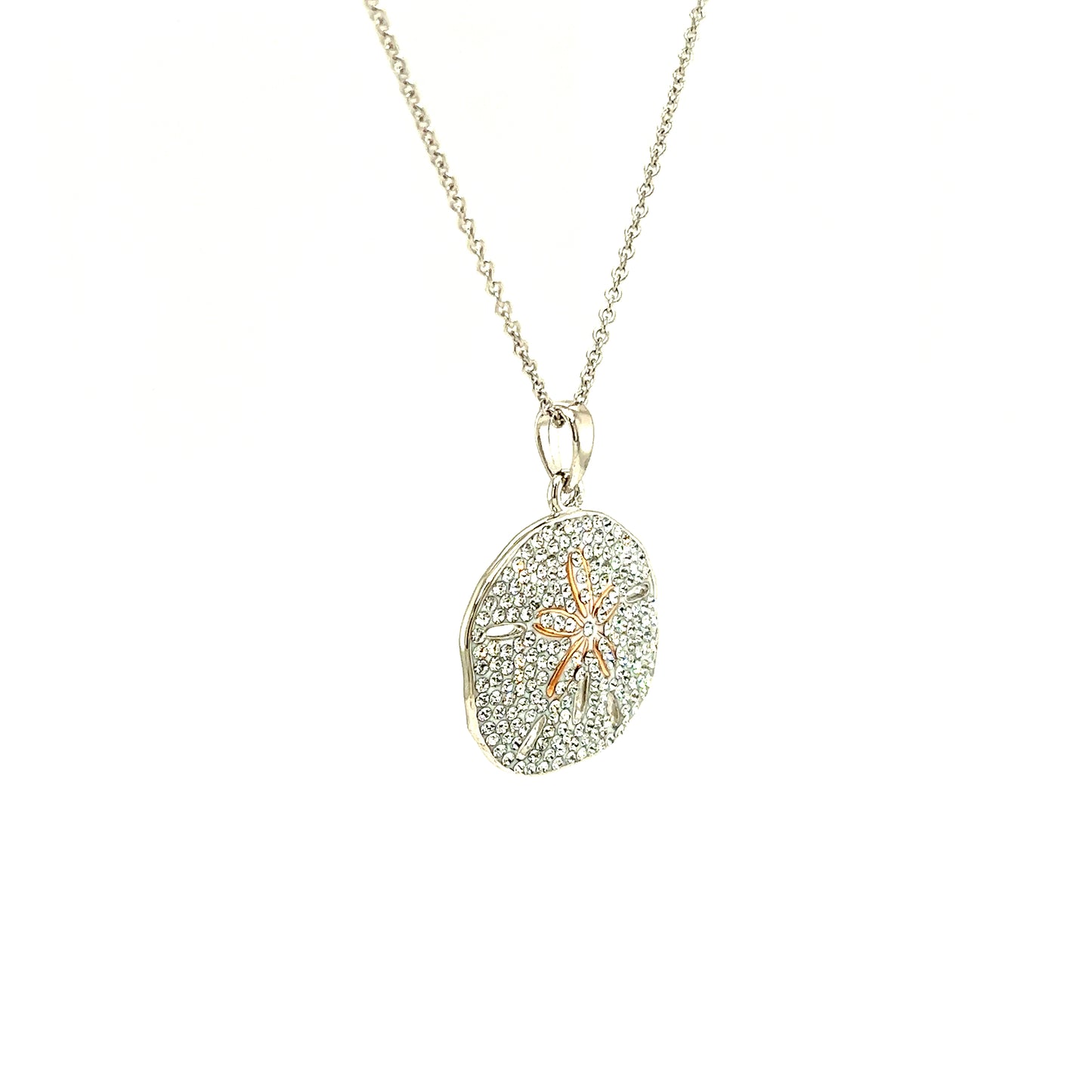 Sand Dollar Necklace With White Crystals and Rose Gold Plating in Sterling Silver Left Side View