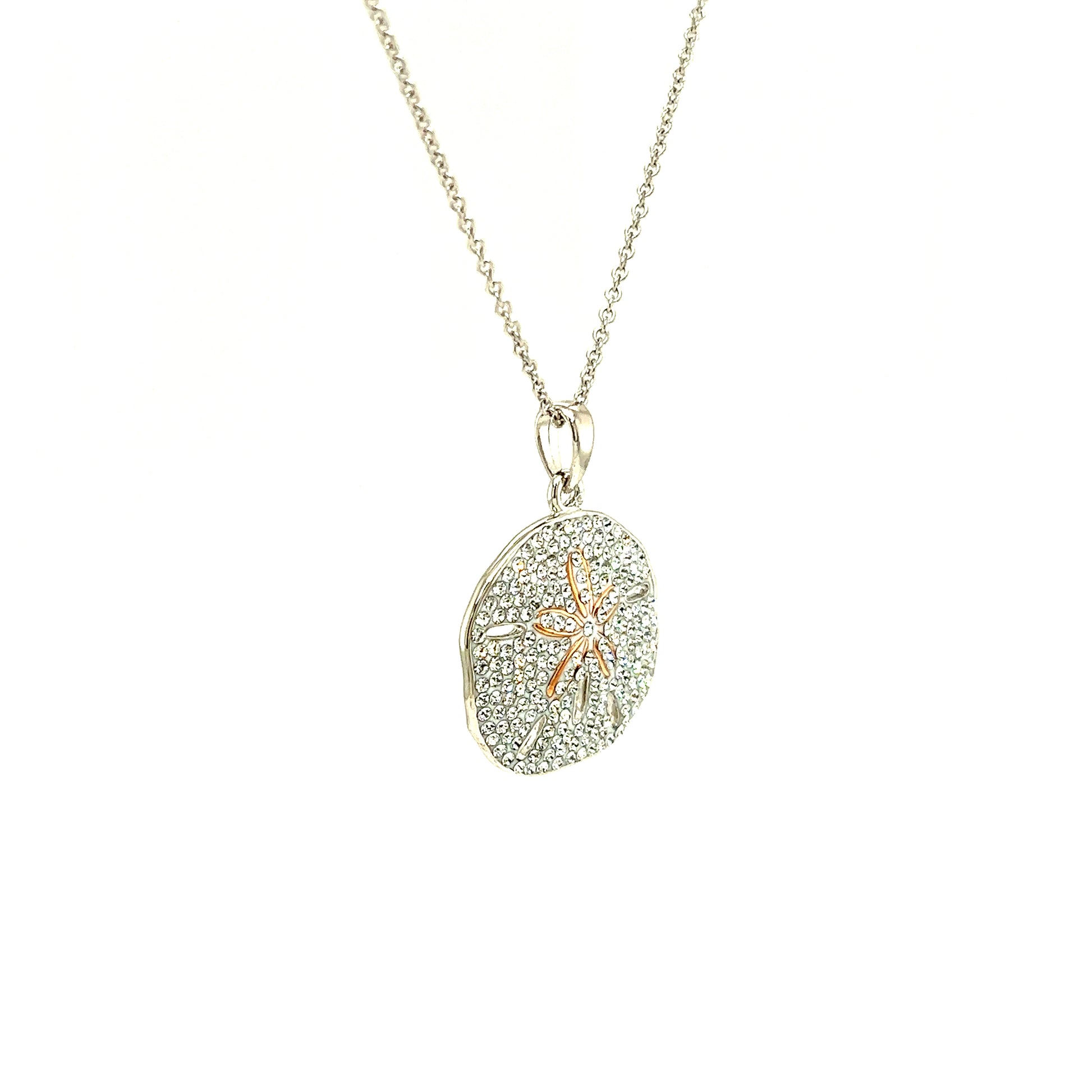 Sand Dollar Necklace With White Crystals and Rose Gold Plating in Sterling Silver Left Side View