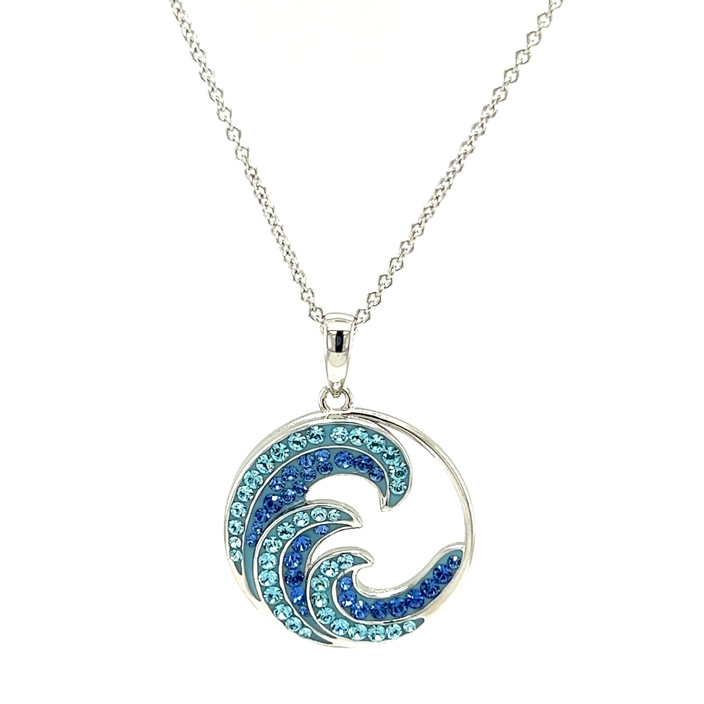 Wave Necklace with Blue and Aqua Crystals in Sterling Silver Front View