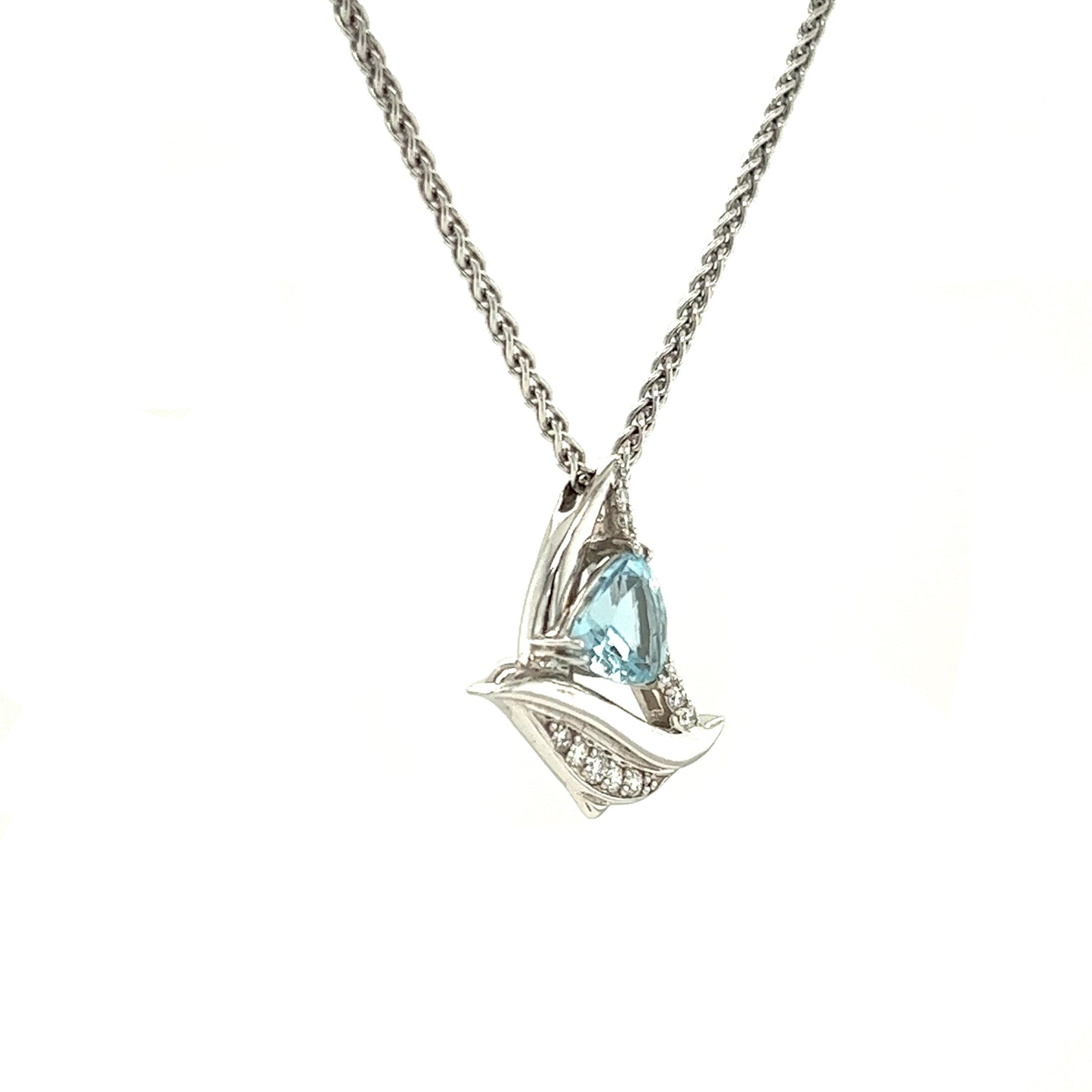 Trillion Aquamarine Sailboat Necklace with Seventeen Accent Diamonds in 14K White Gold Left Side View