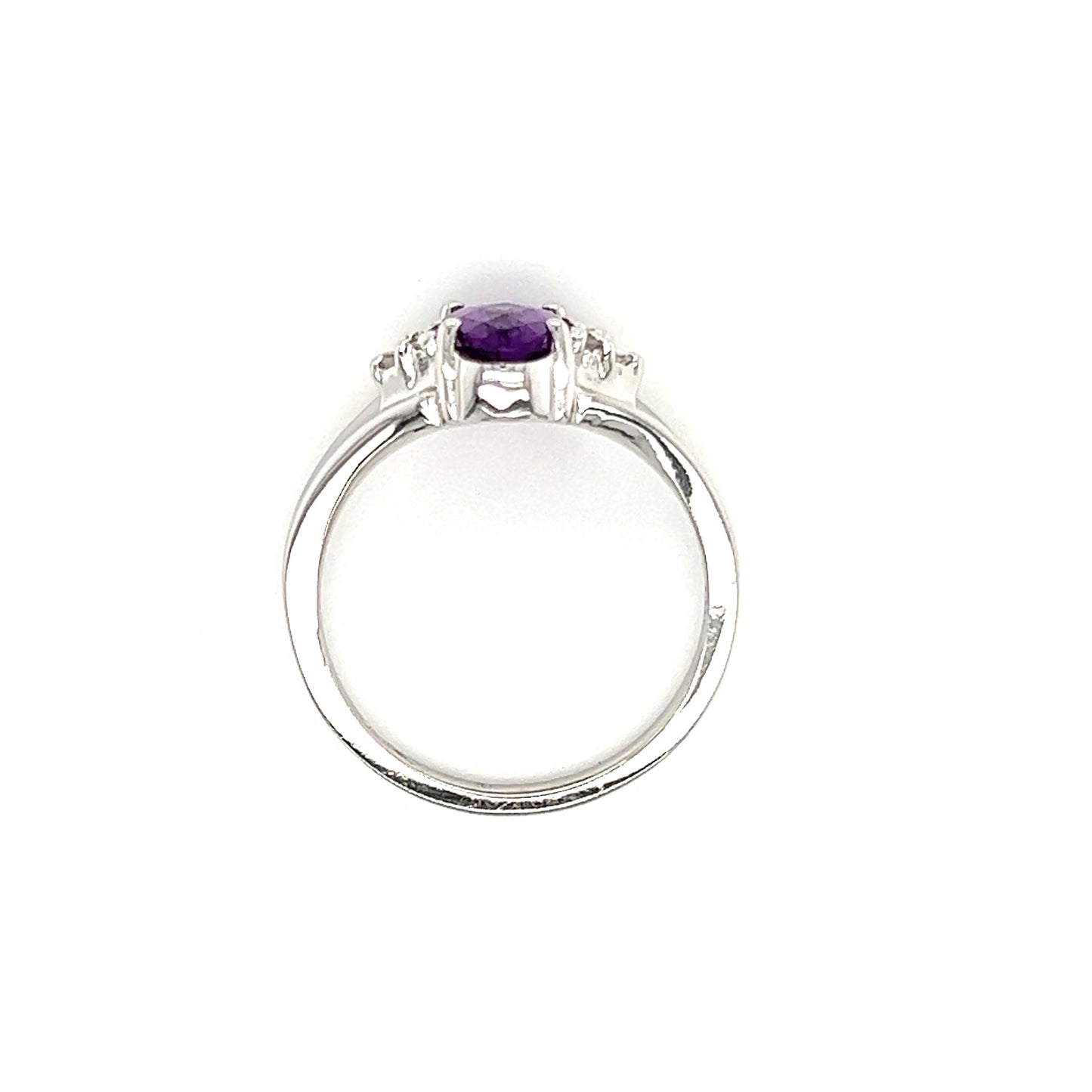 Oval Chess Amethyst Ring with Six Side Diamonds in 14K White Gold Top View
