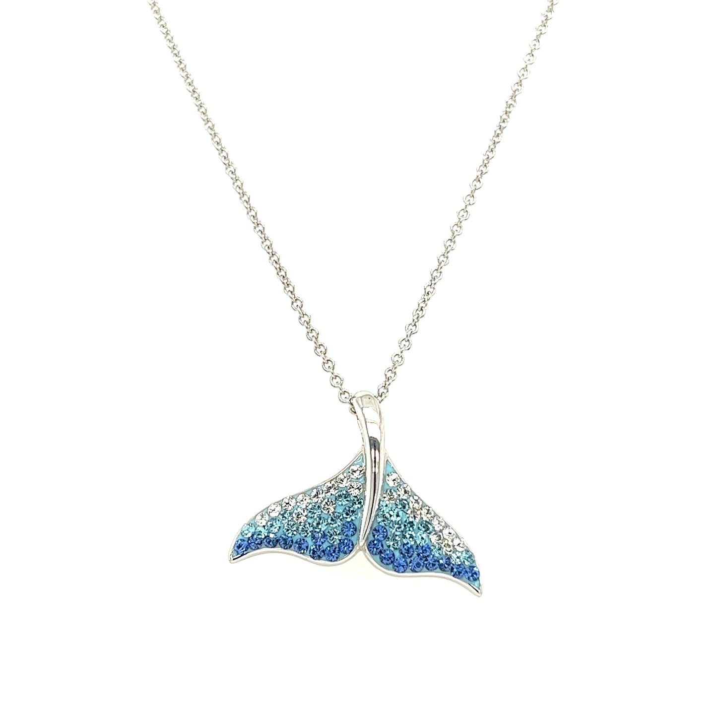 Whale Tail Necklace with White, Aqua and Blue Crystals in Sterling Silver Front View