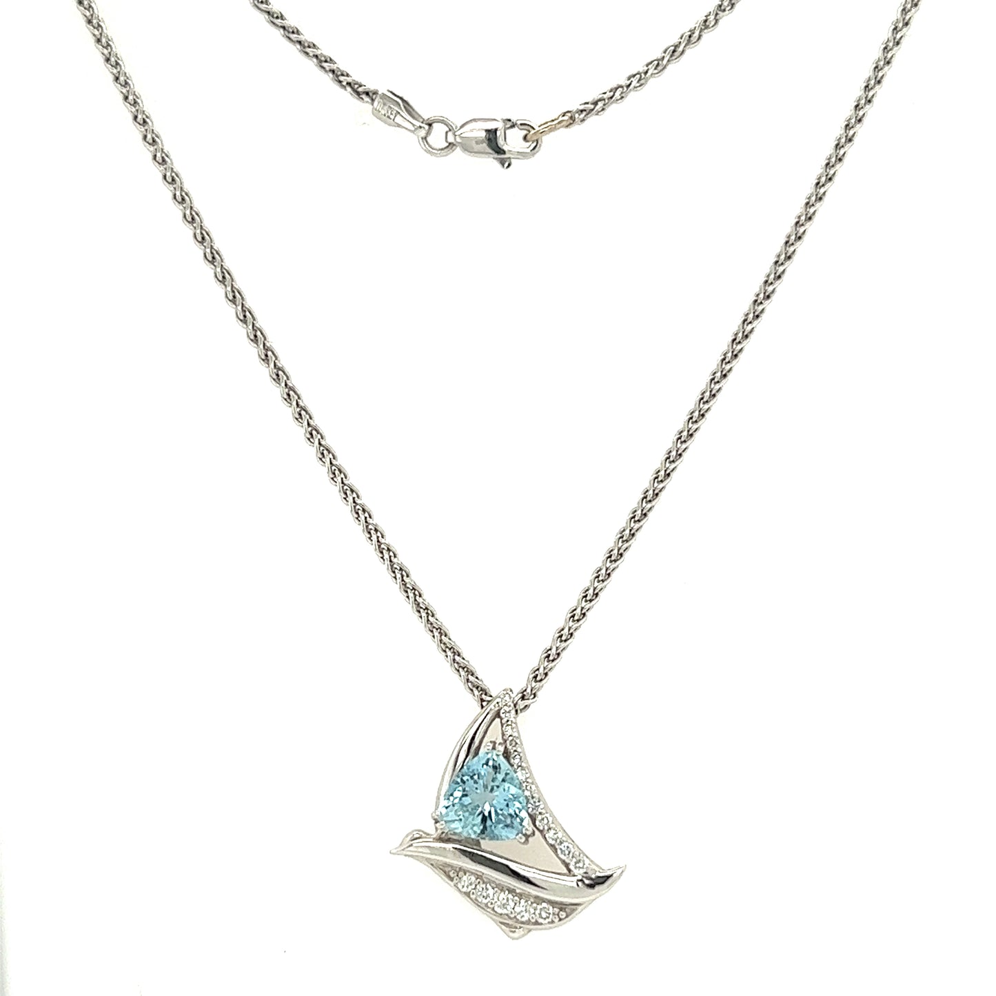 Trillion Aquamarine Sailboat Necklace with Seventeen Accent Diamonds in 14K White Gold Full Necklace Front View