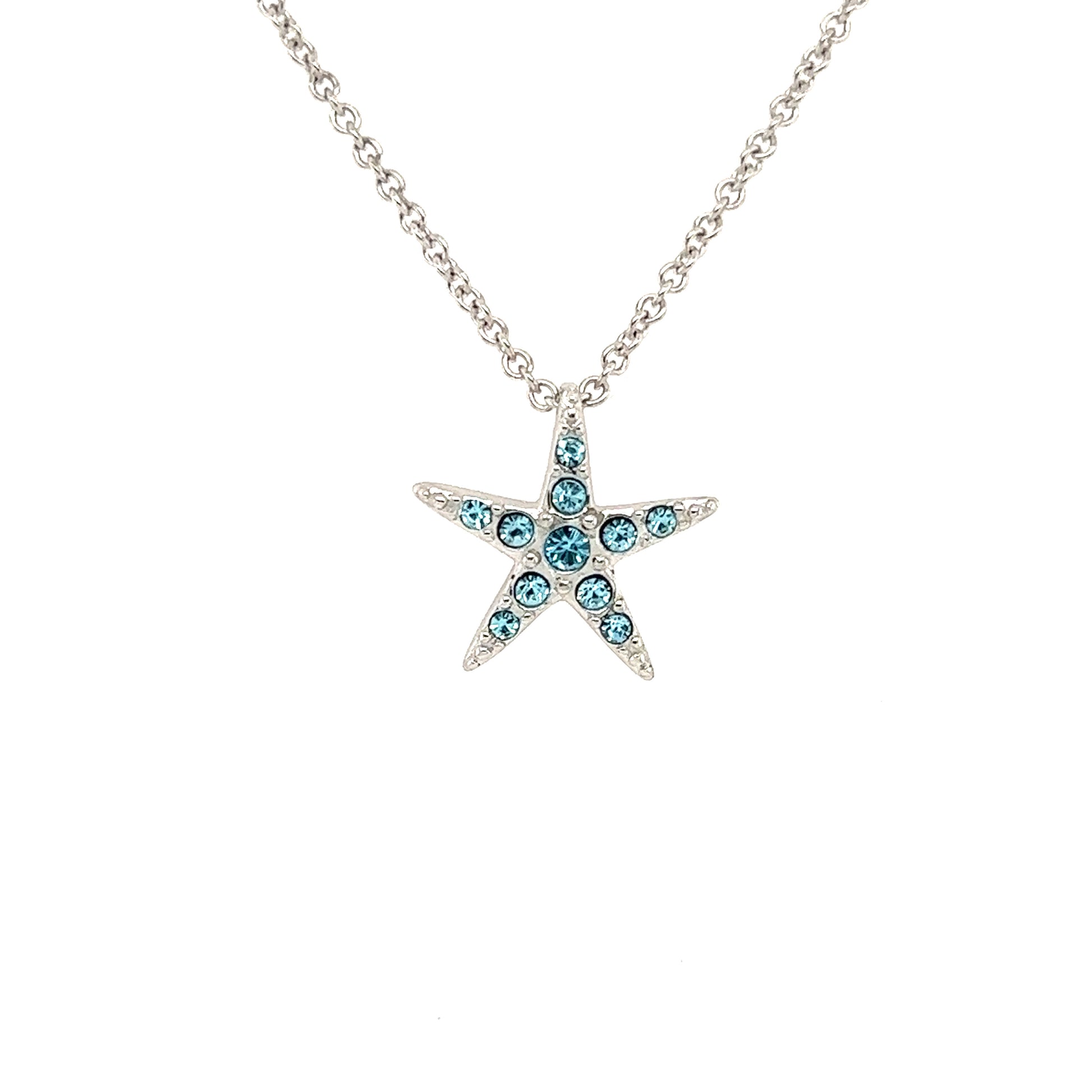 Small Starfish Necklace with Aqua Crystals in Sterling Silver Pendant View