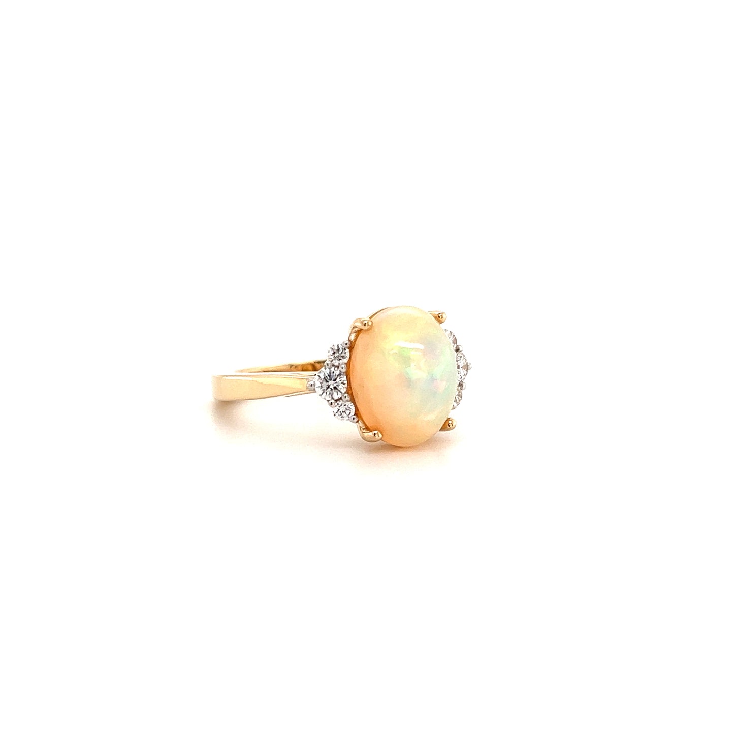 White Ethiopian Opal Ring with Six Side Diamonds in 14K Yellow Gold Left Side View