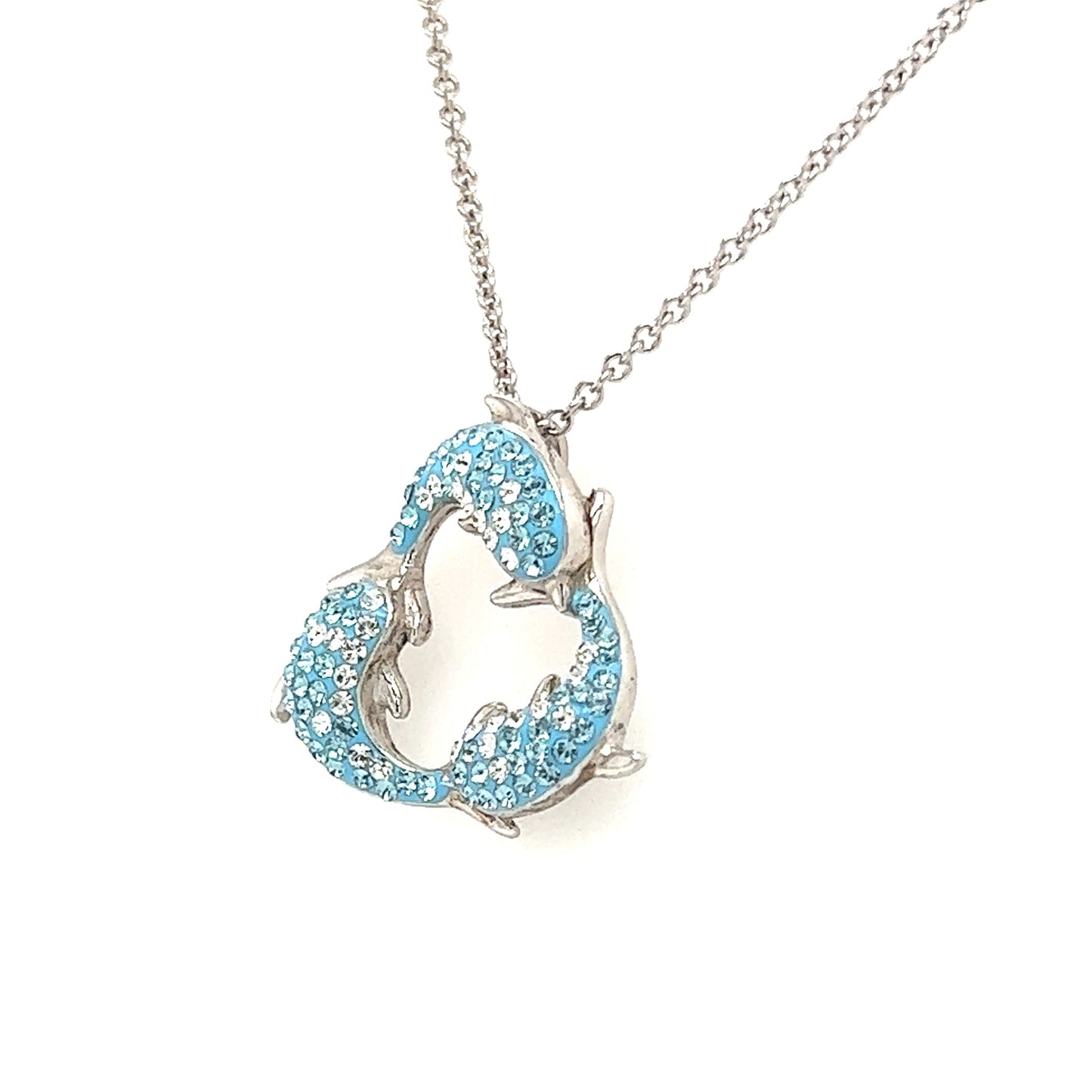 Turquoise Dolphin Trio Necklace with White Crystals in Sterling Silver Right Side View
