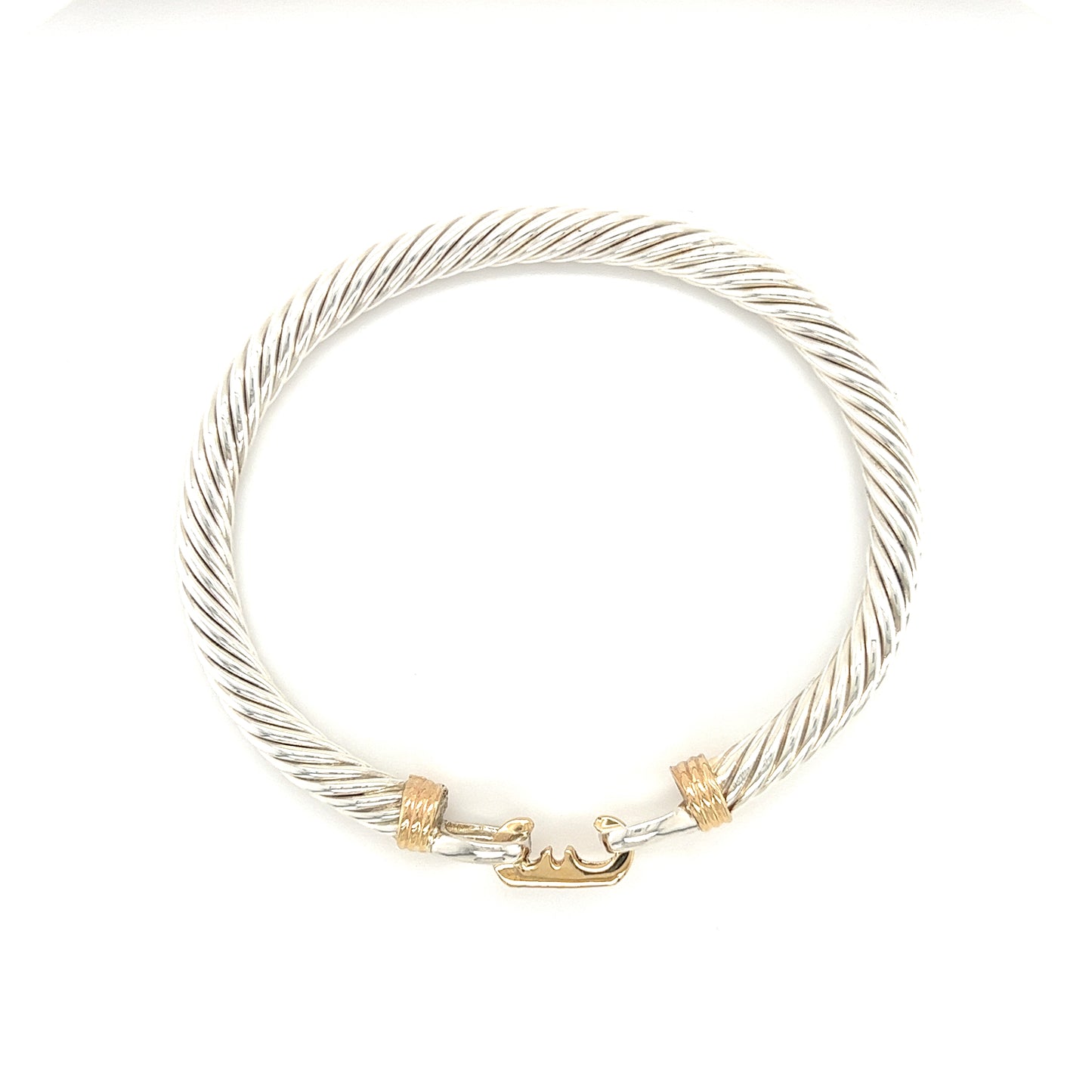 Twisted Cable 5mm Bangle Bracelet with Diamond Catch and 14K Yellow Gold Wraps in Sterling Silver Top View