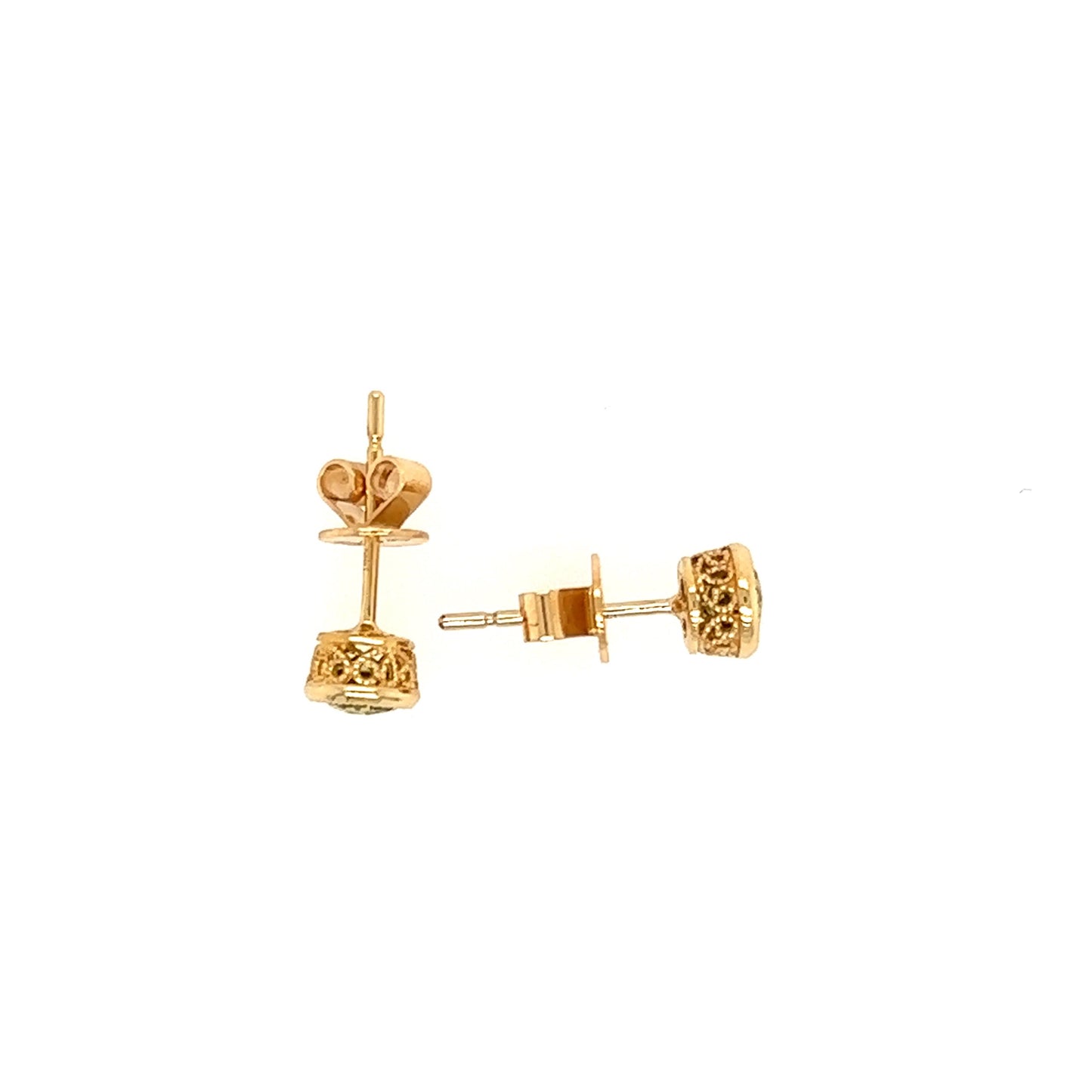 Round Peridot Stud Earrings with Filigree in 14K Yellow Gold Top View