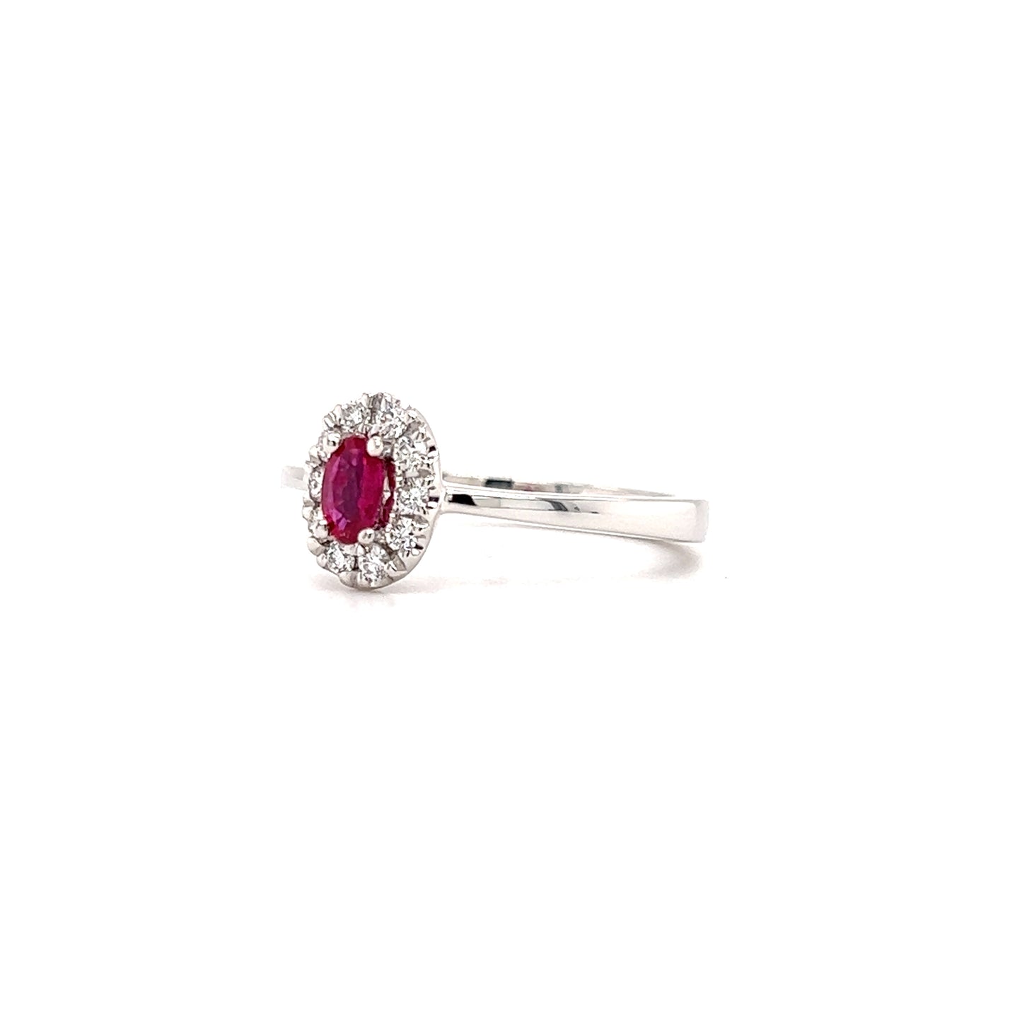 Oval Ruby Ring with Diamond Halo in 14K White Gold Right Side View