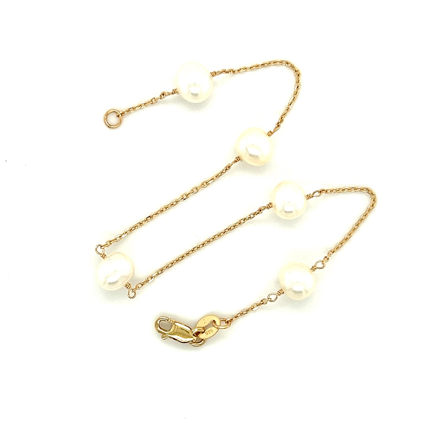 Freshwater Pearl Station Bracelet with Five Pearls in 14K Yellow Gold Top View Open Clasp