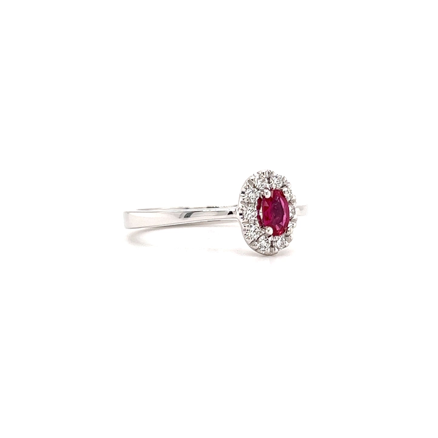 Oval Ruby Ring with Diamond Halo in 14K White Gold Left Side View