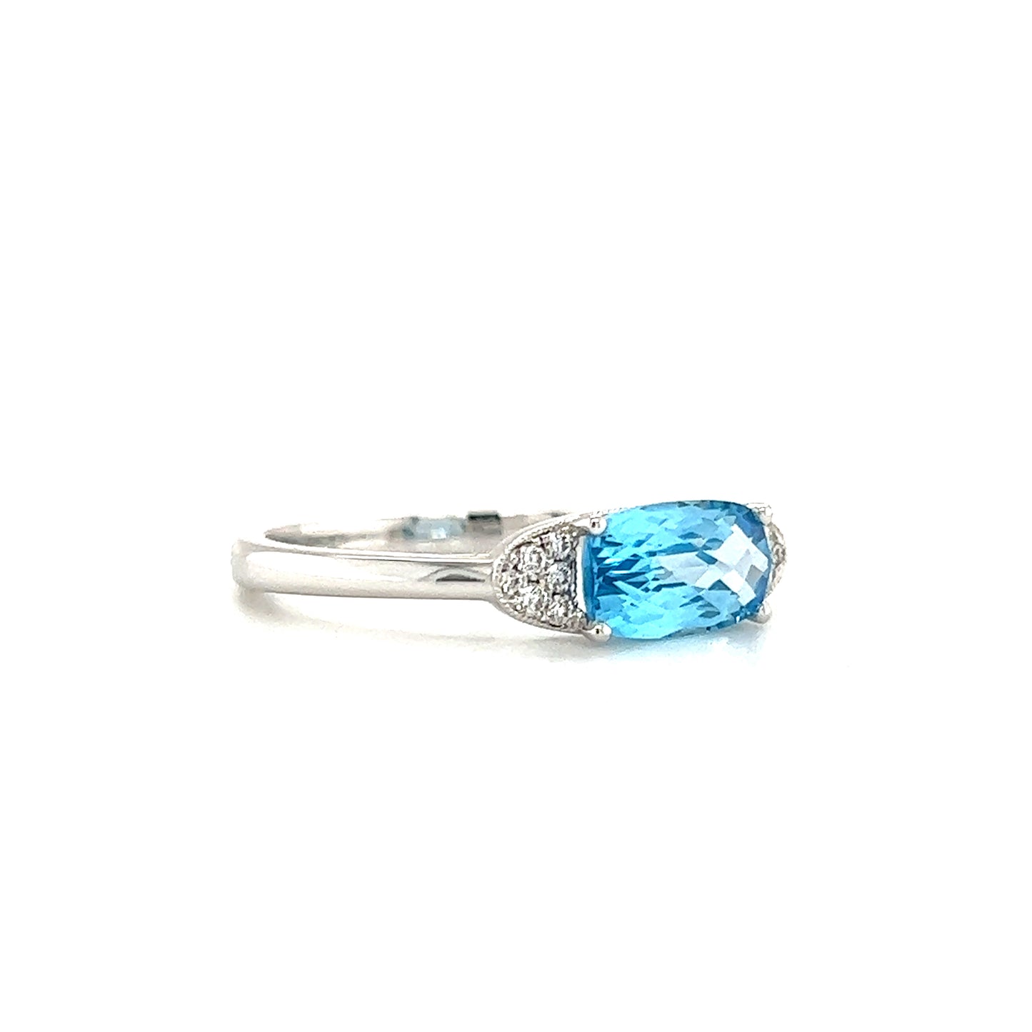 Elongated Blue Topaz Ring with Side Diamonds in 14K White Gold Left Side View