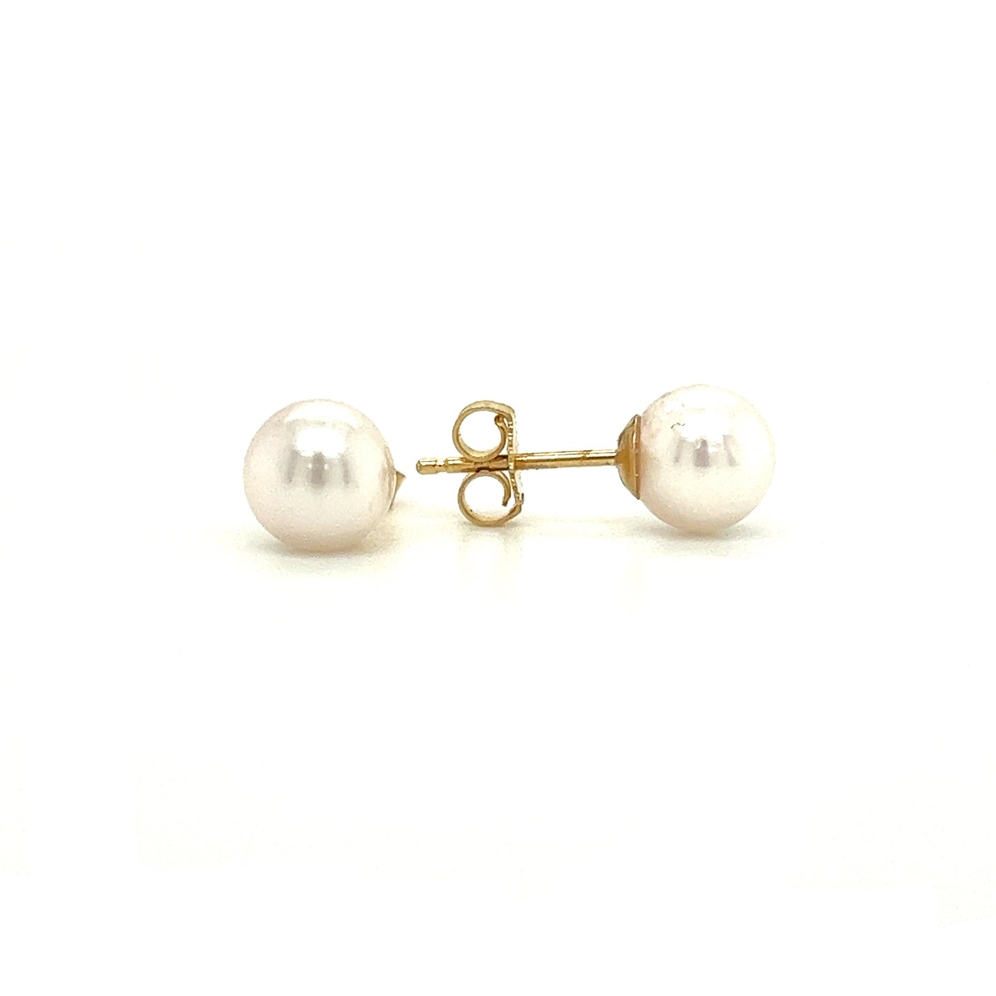 Pearl 6.5mm Stud Earrings in 14K Yellow Gold Front and Side View