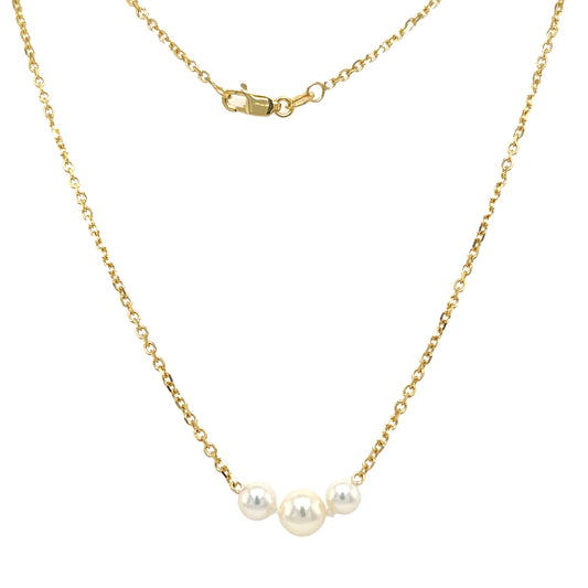 Add-a-Pearl Necklace with Three 5.5mm White Pearls in 14K Yellow Gold. Full Necklace Front View