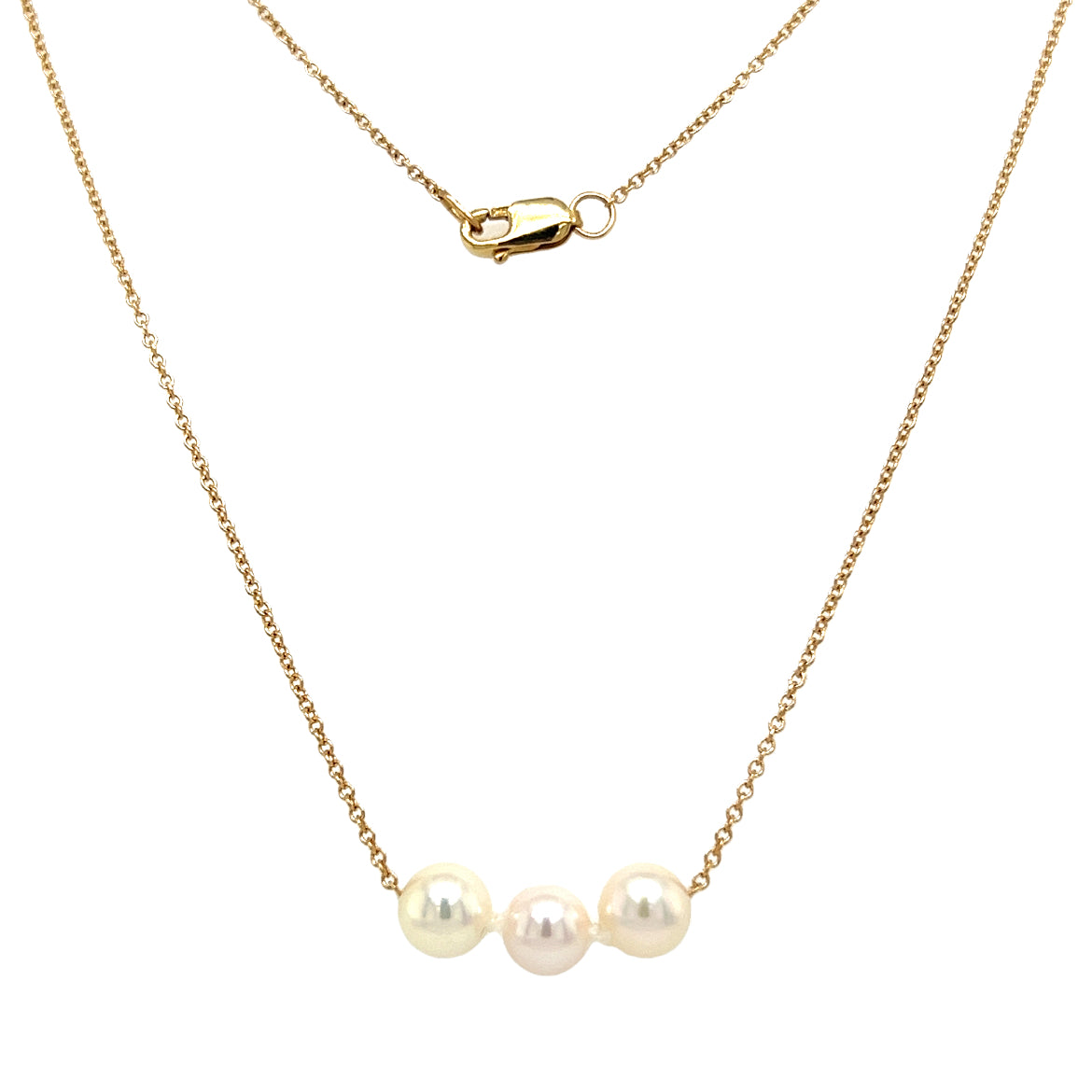 Add-a-Pearl Necklace with Three 5.5mm White Pearls in 14K Yellow Gold. Full Necklace Front View