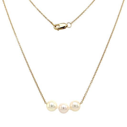 Add-a-Pearl Necklace with Three 5.5mm White Pearls in 14K Yellow Gold. Full Necklace Front View