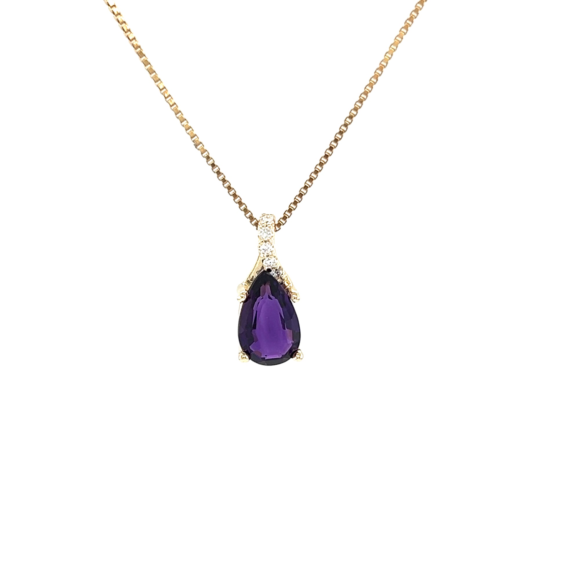 Amethyst Pendant with Diamond Accents in 14K Yellow Gold. Pendant and Chain Front View.