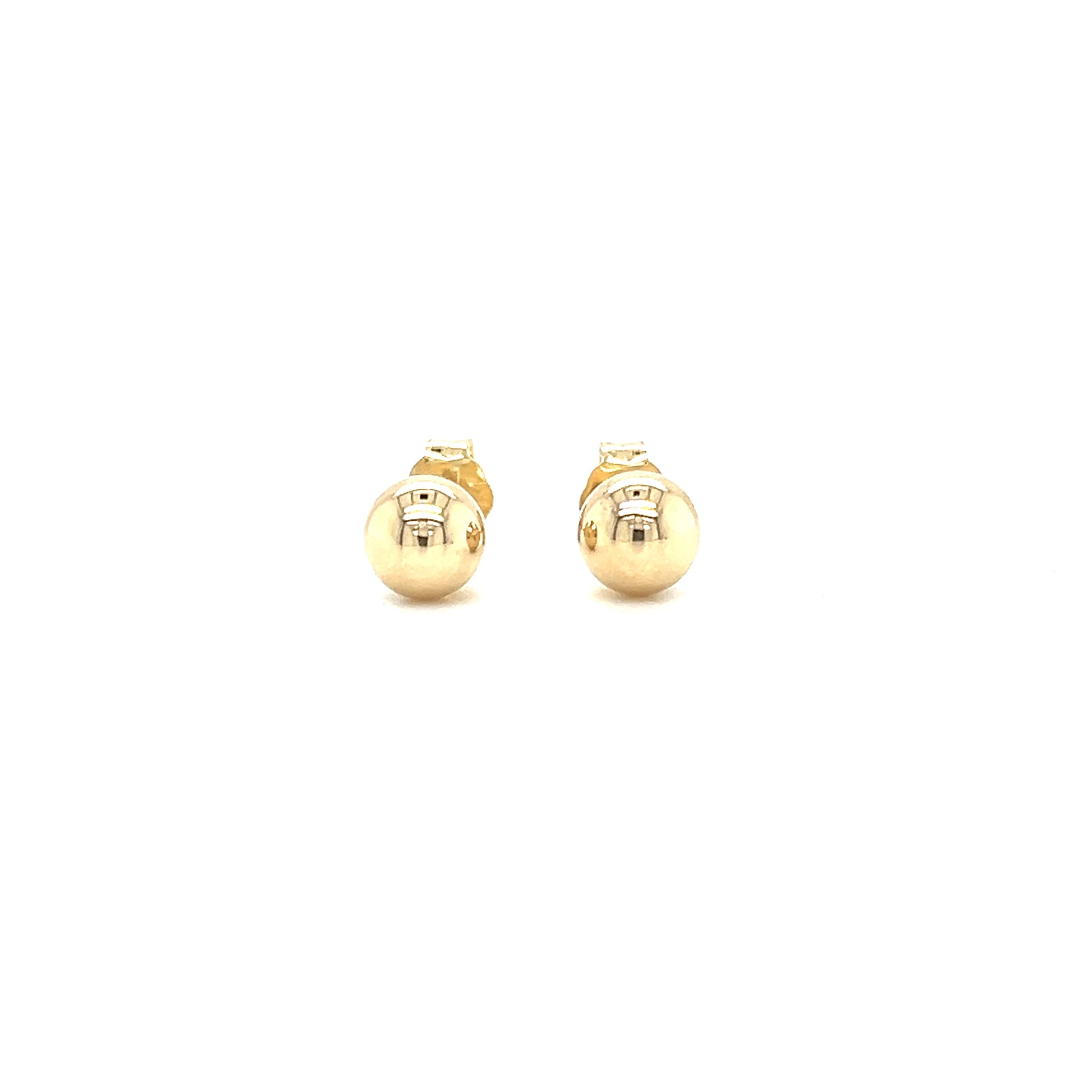 Ball 5mm Stud Earrings with Threaded Post and Screw-off Backs in 14K Yellow Gold. Front View.