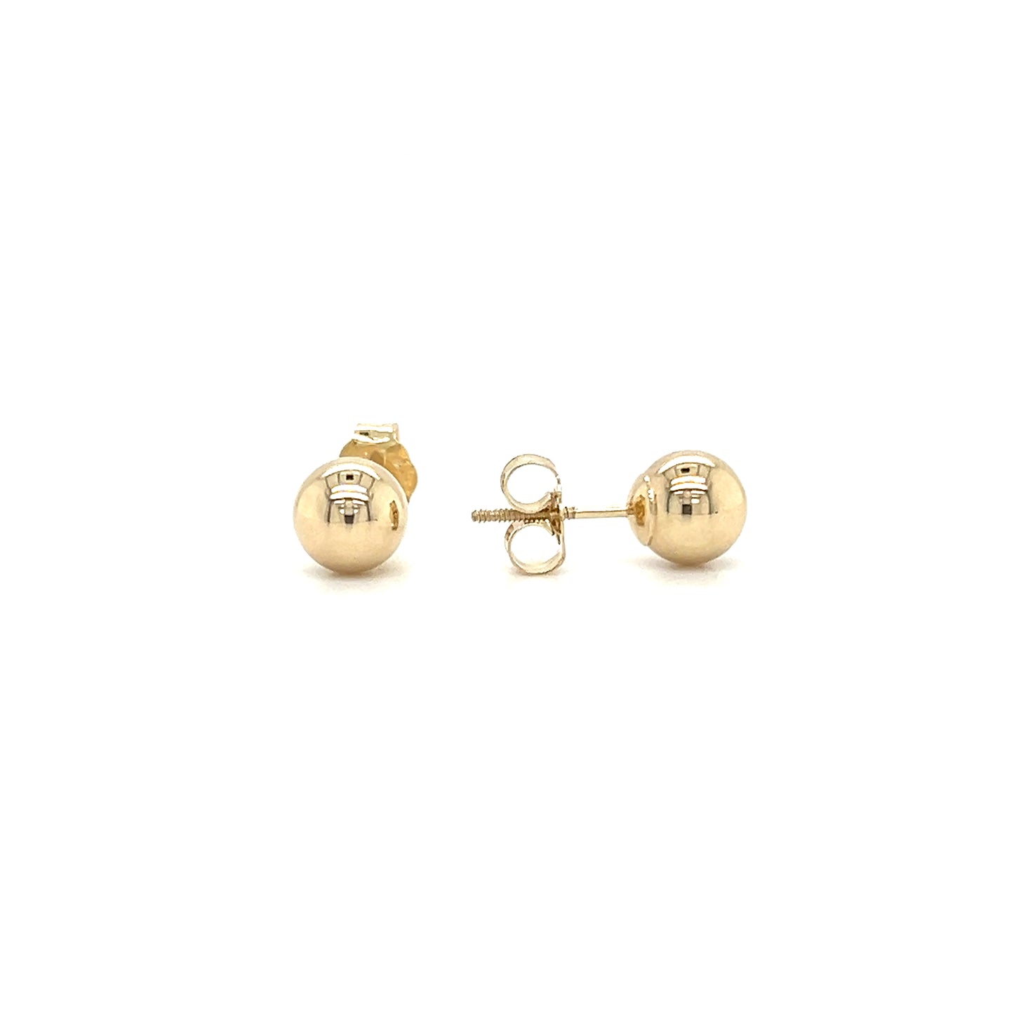 Ball 5mm Stud Earrings with Threaded Post and Screw-off Backs in 14K Yellow Gold. Front and Side View.