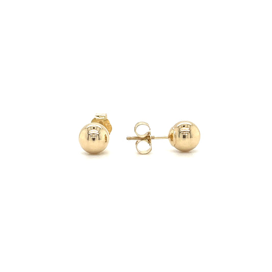 Ball 5mm Stud Earrings with Threaded Post and Screw-off Backs in 14K Yellow Gold. Front and Side View.