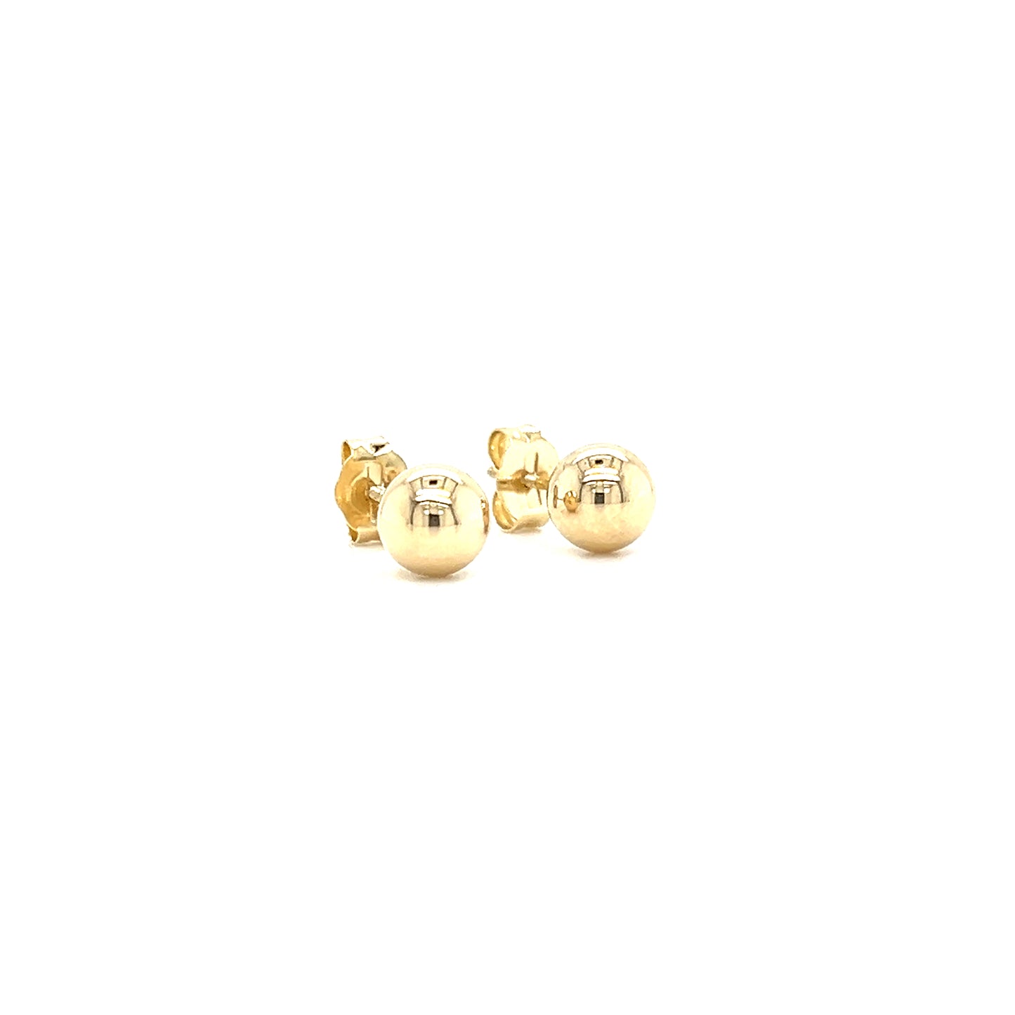 Ball 5mm Stud Earrings with Threaded Post and Screw-off Backs in 14K Yellow Gold. Left Side View.
