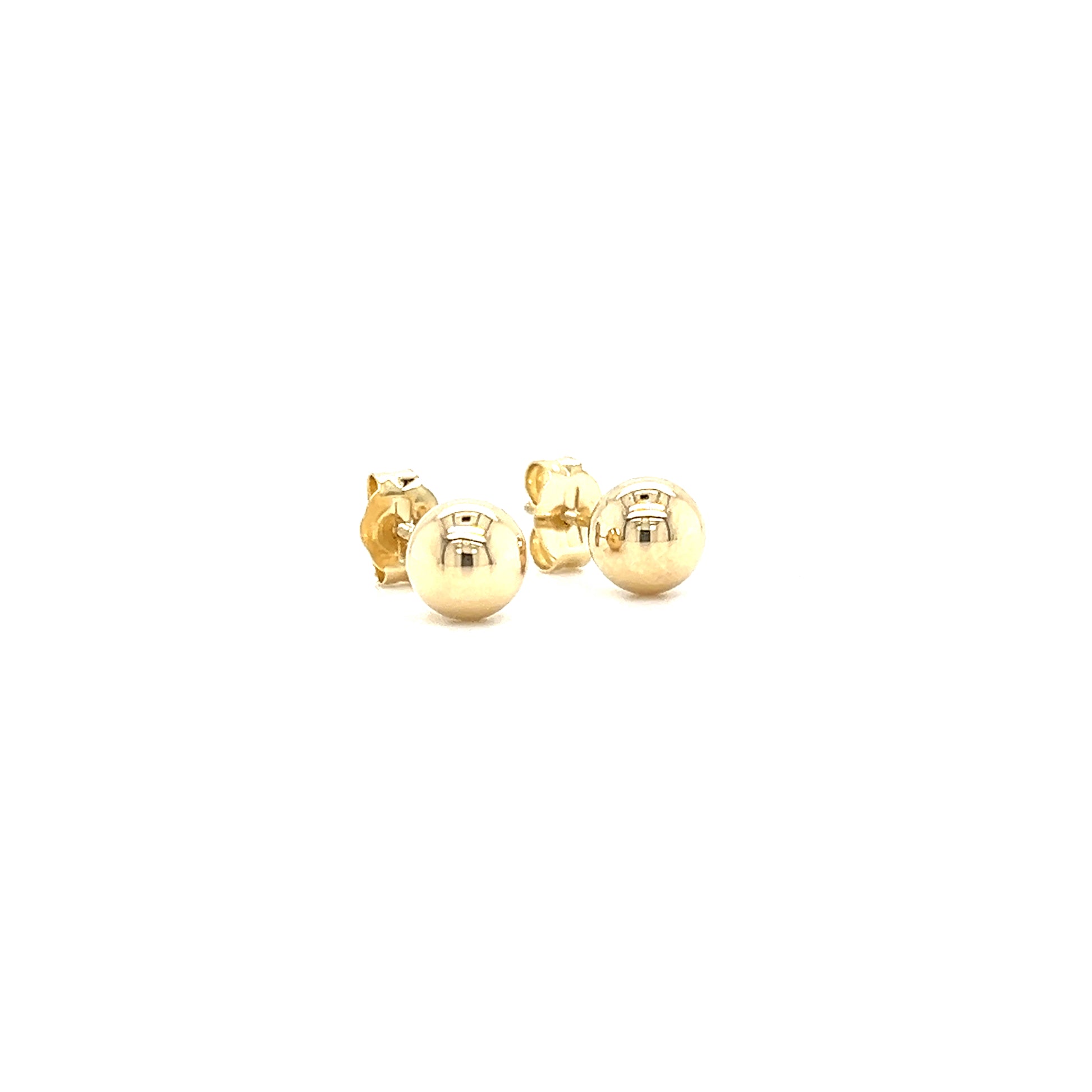 Ball 5mm Stud Earrings with Threaded Post and Screw-off Backs in 14K Yellow Gold. Left Side View.