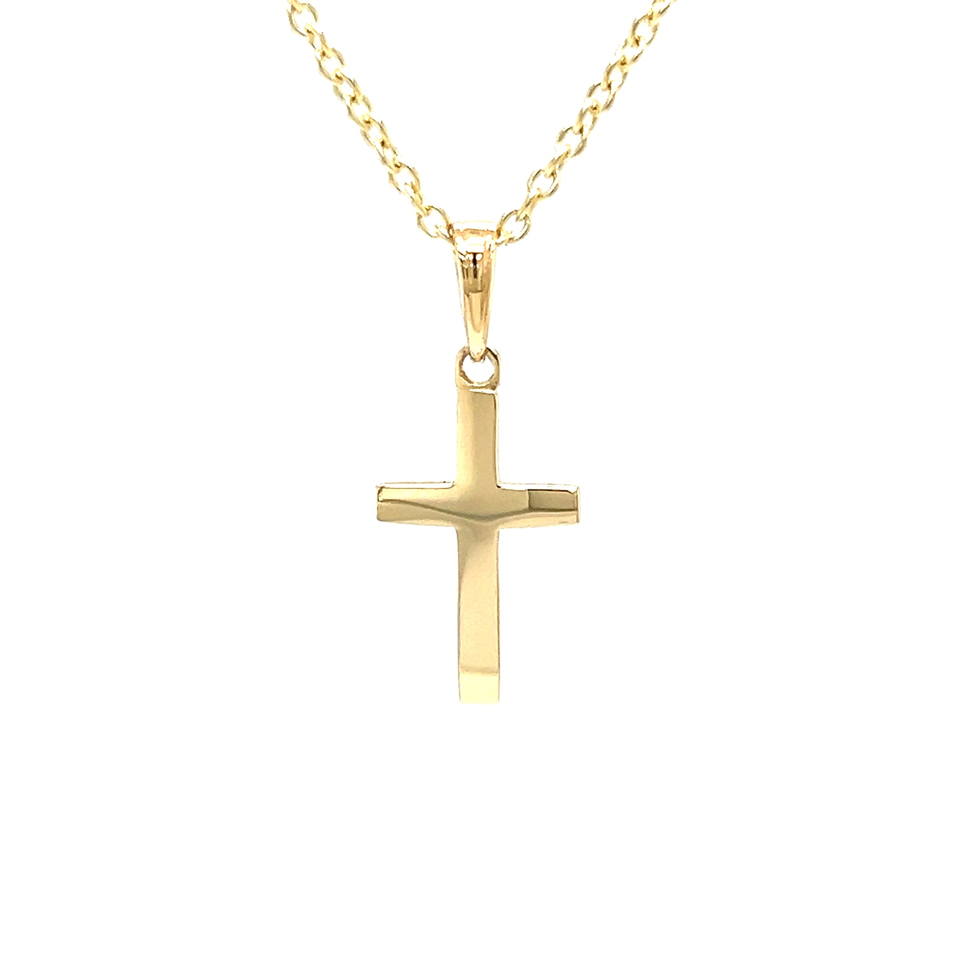 Beveled Cross Pendant in 14K Yellow Gold. Pendant and Chain Front View.