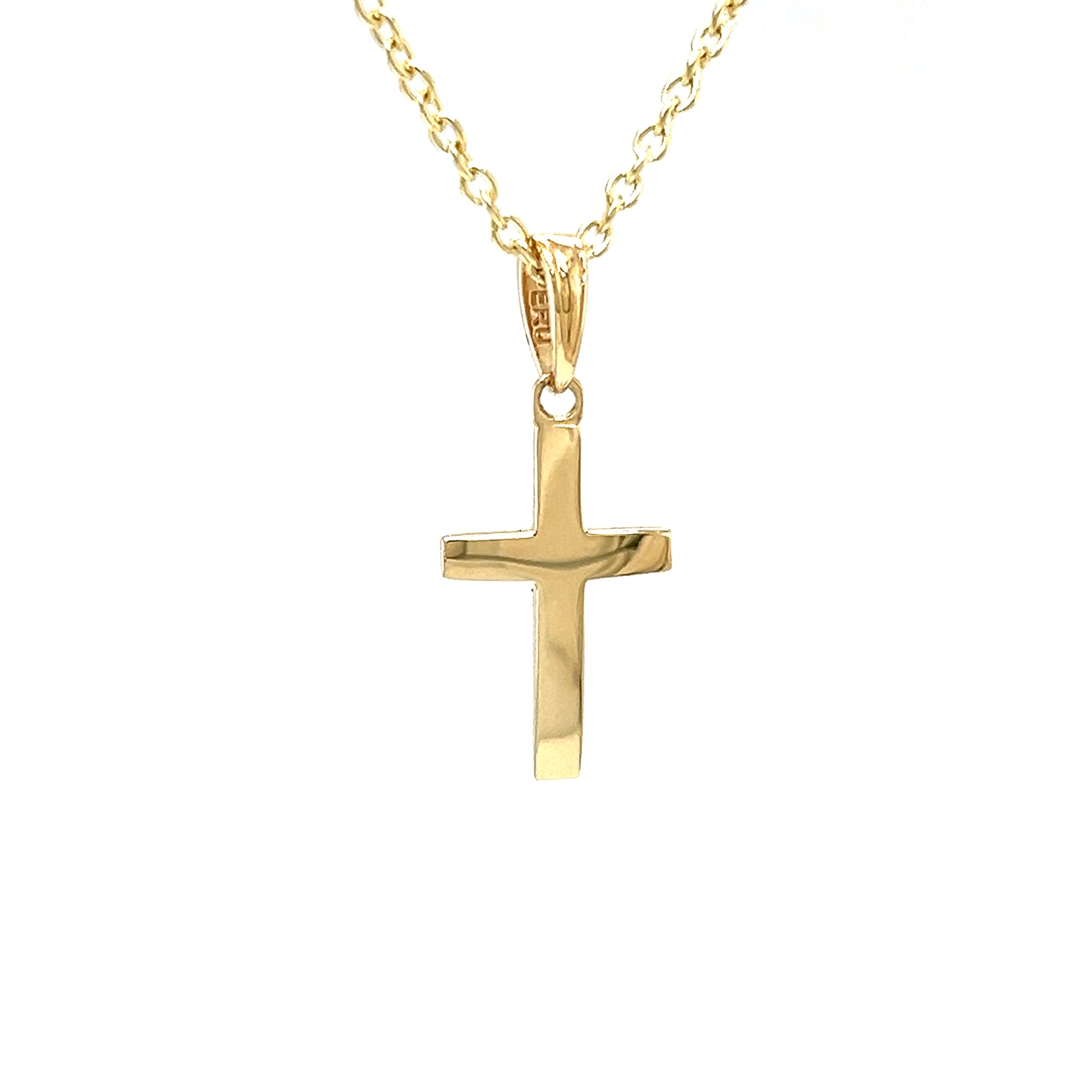 Beveled Cross Pendant in 14K Yellow Gold. Pendant and Chain Left Side View.