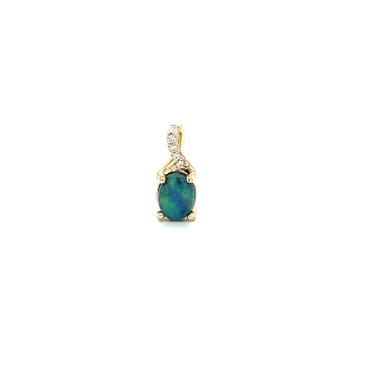 Black Opal Pendant with Diamond Accents in 14K Yellow Gold. Pendant Front View.