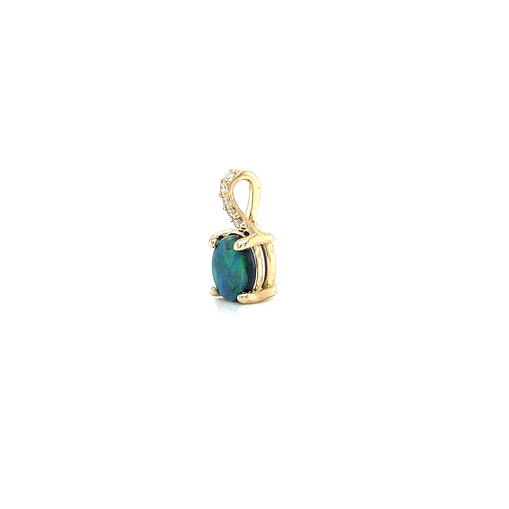 Black Opal Pendant with Diamond Accents in 14K Yellow Gold. Pendant Right View.