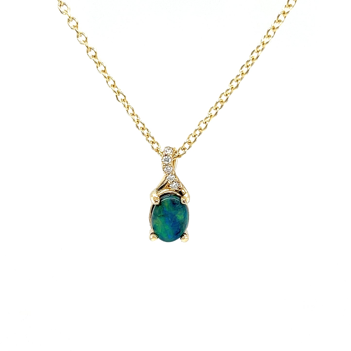 Black Opal Pendant with Diamond Accents in 14K Yellow Gold. Pendant and Chain Front View.