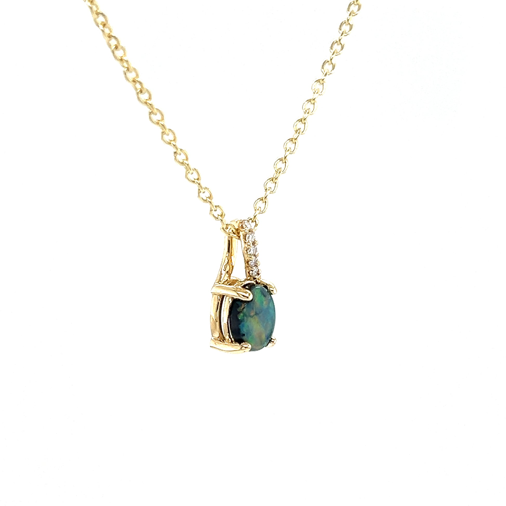 Black Opal Pendant with Diamond Accents in 14K Yellow Gold. Pendant and Chain Left Side View.