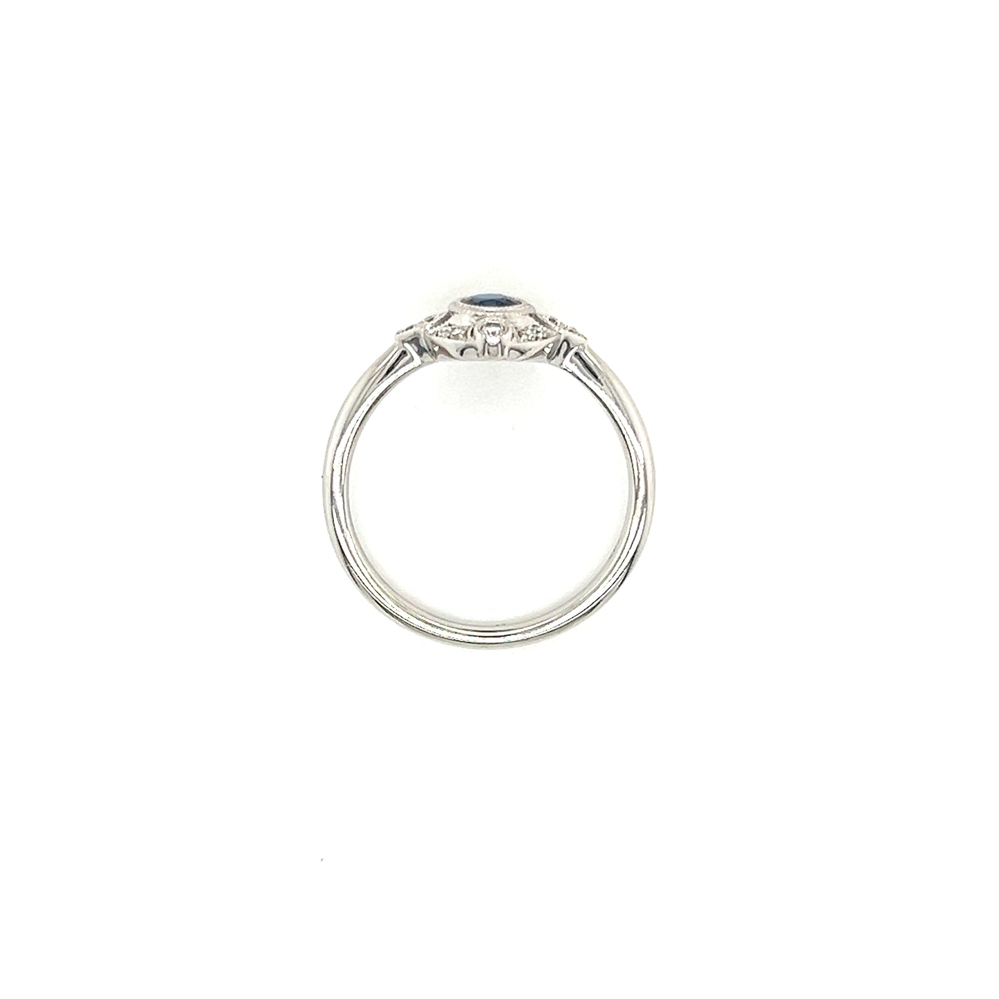 Blue Sapphire Ring with Milgrain Diamond Halo in 14K White Gold Top View