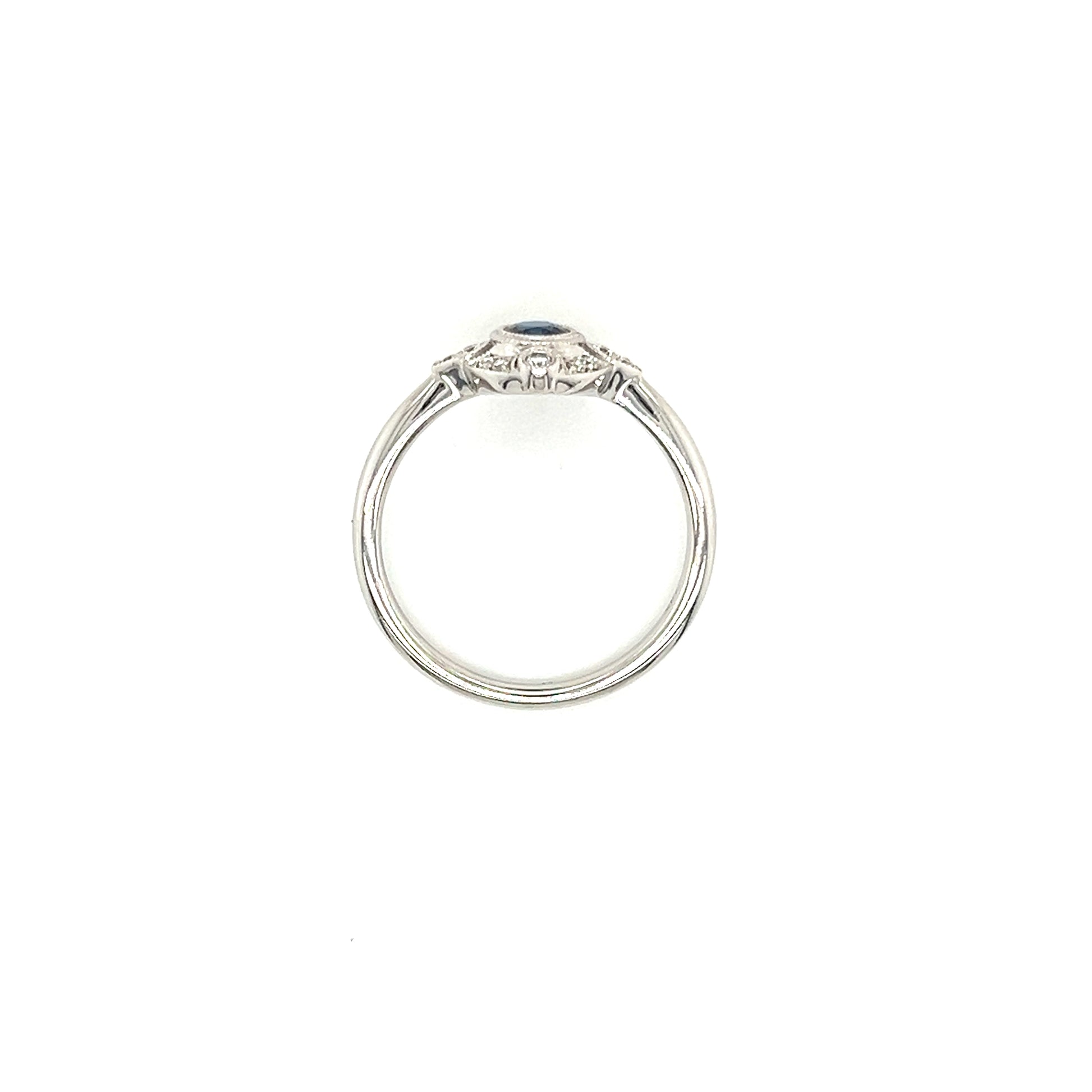 Blue Sapphire Ring with Milgrain Diamond Halo in 14K White Gold Top View