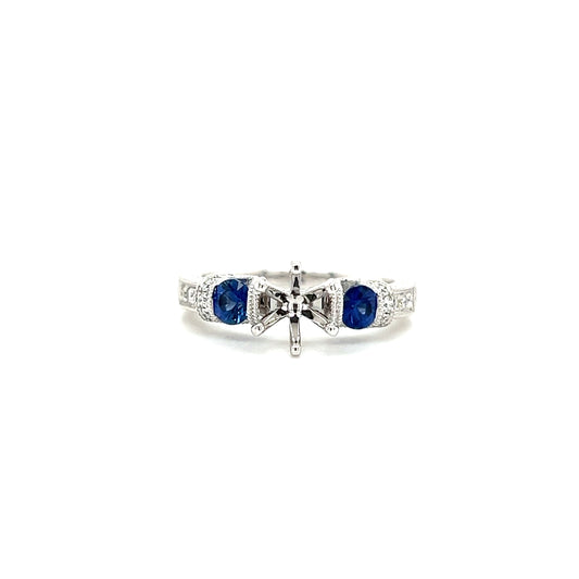Blue Sapphire Three Stone Ring Setting with 0.15ctw of Diamonds in 14K White Gold Front View