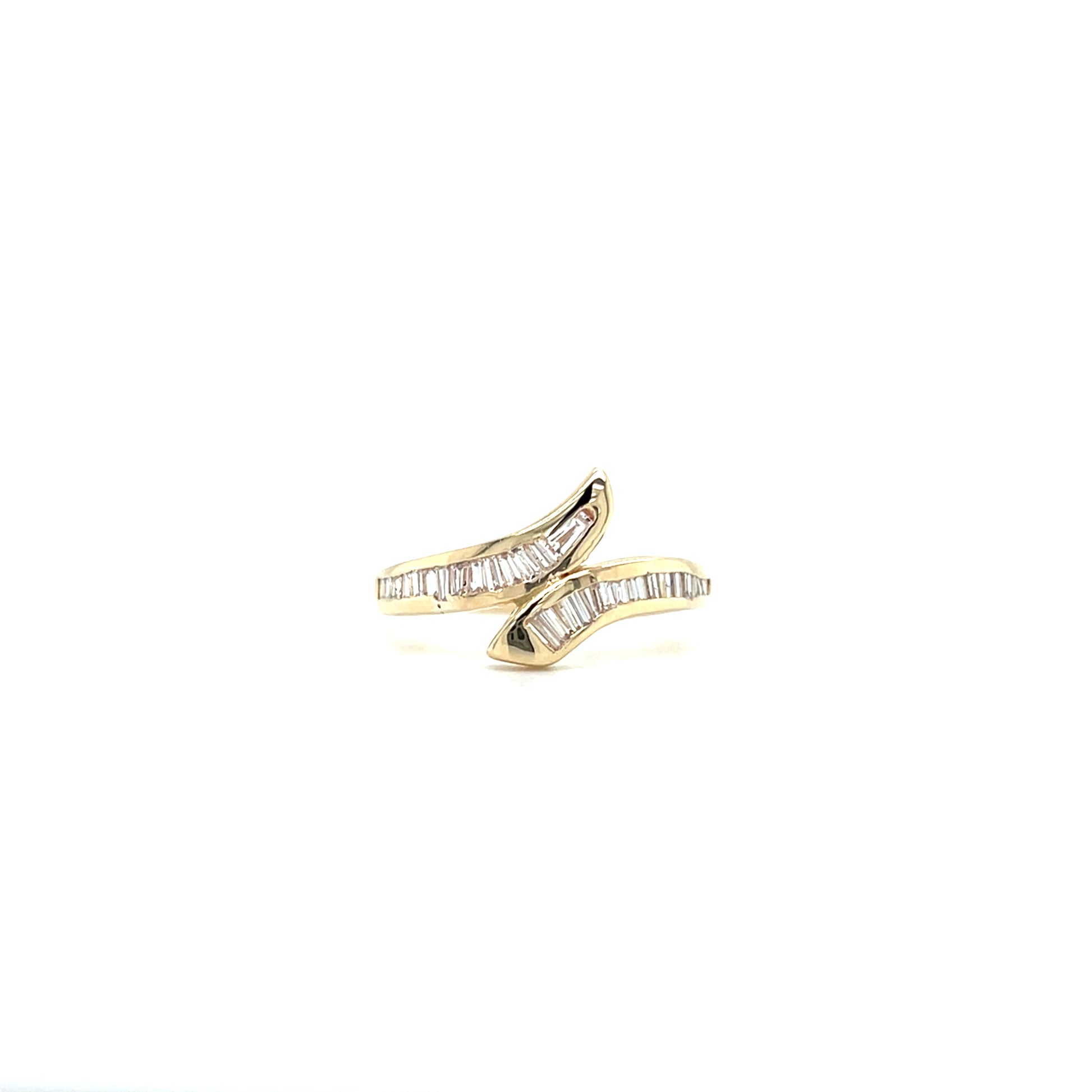 Bypass Fashion Ring with Channel Set Diamonds in 14K Yellow Gold. Front View.