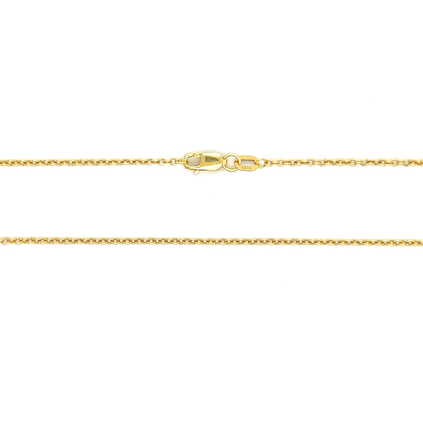 Cable Chain 1.5mm with 16in of Length in 14K Yellow Gold. Chain and Clasp View.