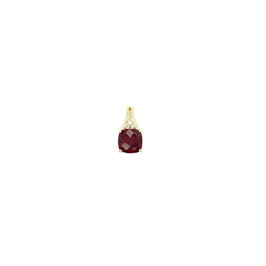Checkerboard Garnet Pendant with Diamond Accents in 10K Yellow Gold. Pendant Front View.