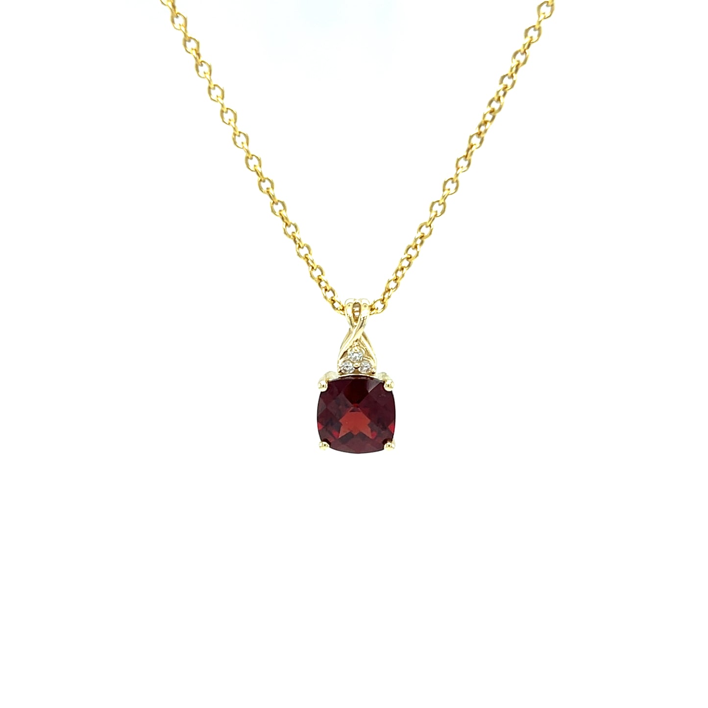 Checkerboard Garnet Pendant with Diamond Accents in 10K Yellow Gold. Pendant and Chain Front View.